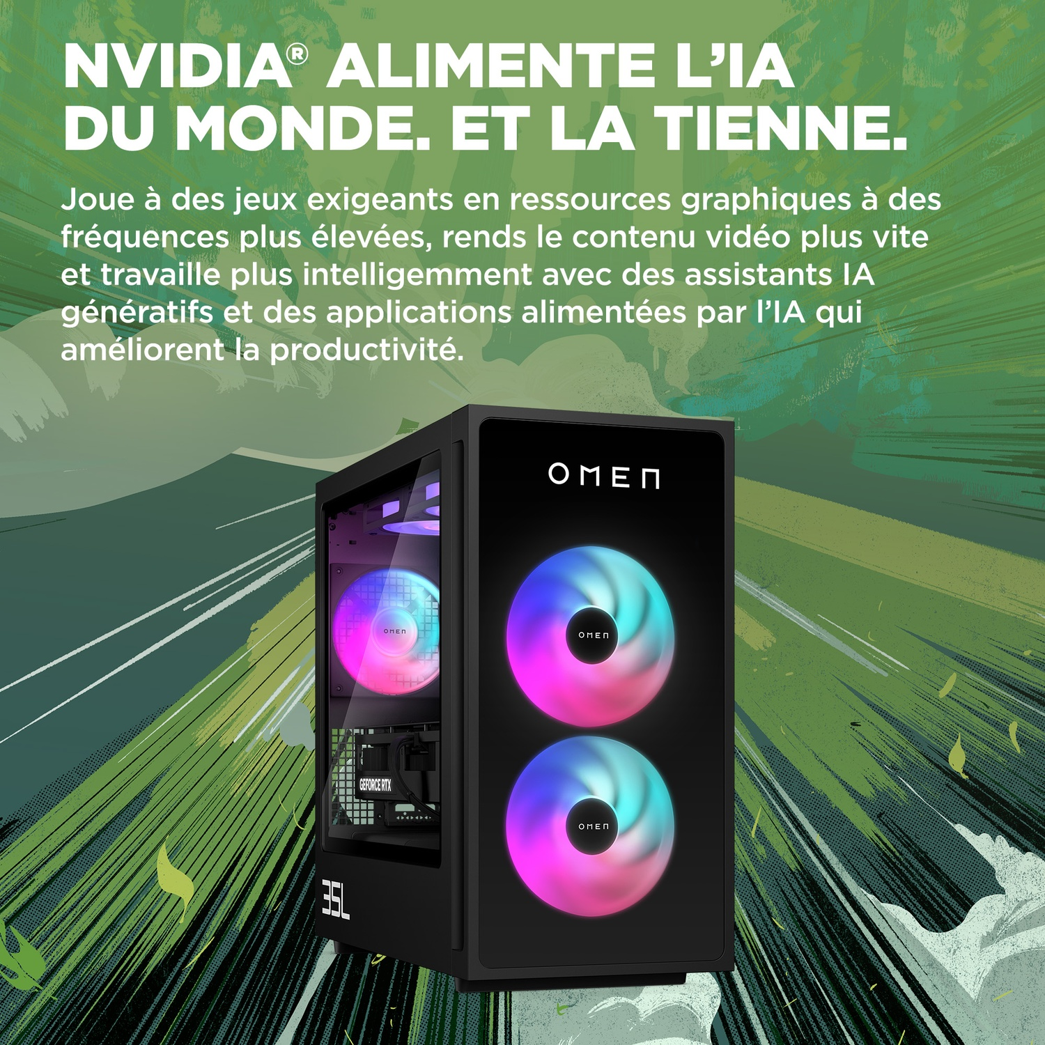Un boîtier d'ordinateur noir avec des ventilateurs colorés devant un fond vert avec du texte blanc. Logo OMEN visible.