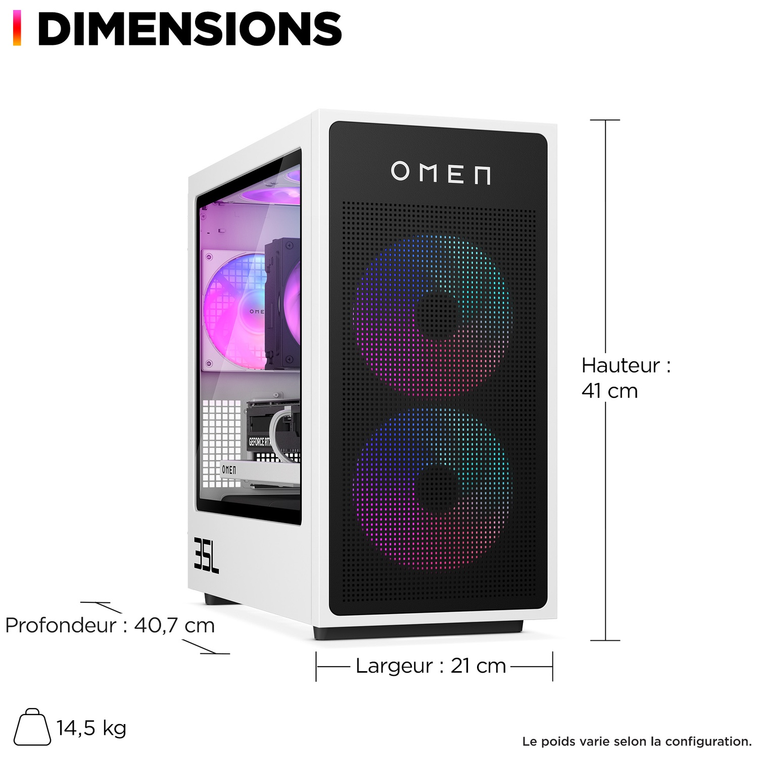 Un boîtier PC OMEN blanc avec dimensions indiquées. L'avant comporte deux cercles RVB, le côté montre les composants internes. Dimensions indiquées.