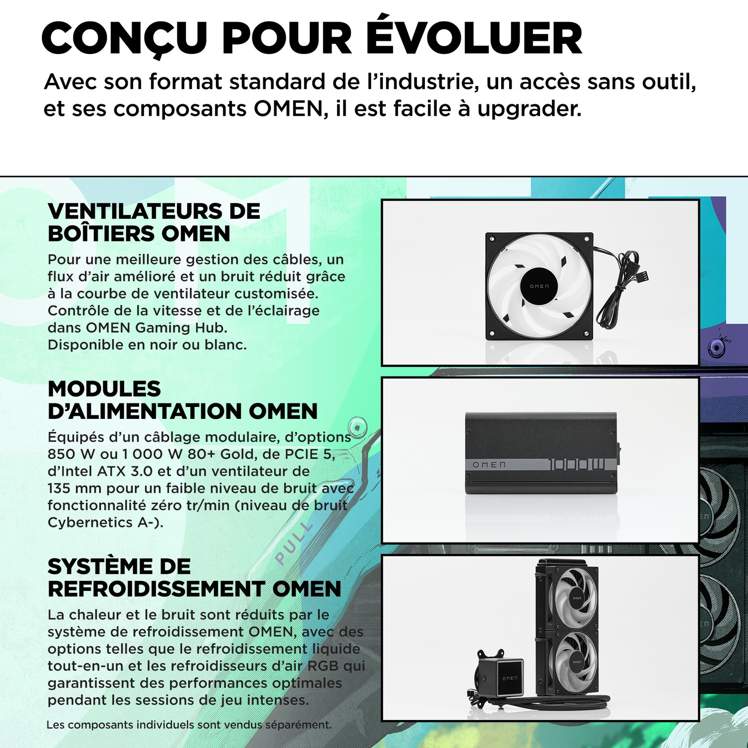 Image avec texte et composants informatiques, dont des ventilateurs et une alimentation, avec le logo OMEN.