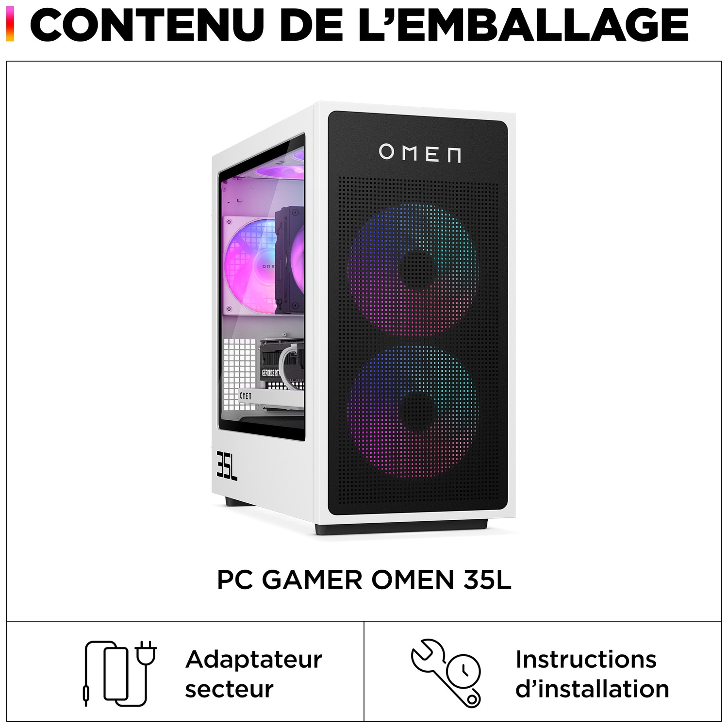 Un PC de jeu Omen 35L blanc et noir. Il a une façade noire avec deux affichages lumineux circulaires et le logo Omen. Accessoires en dessous.