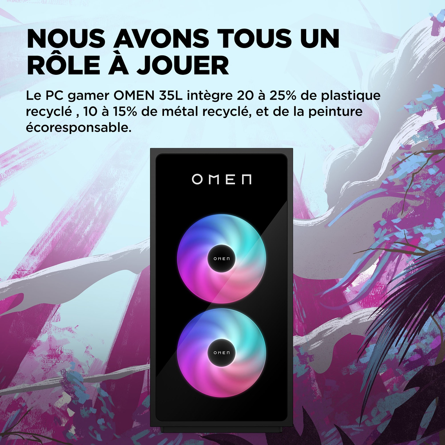 Un PC de jeu OMEN avec des ventilateurs colorés est affiché sur un fond violet et vert avec du texte en français.
