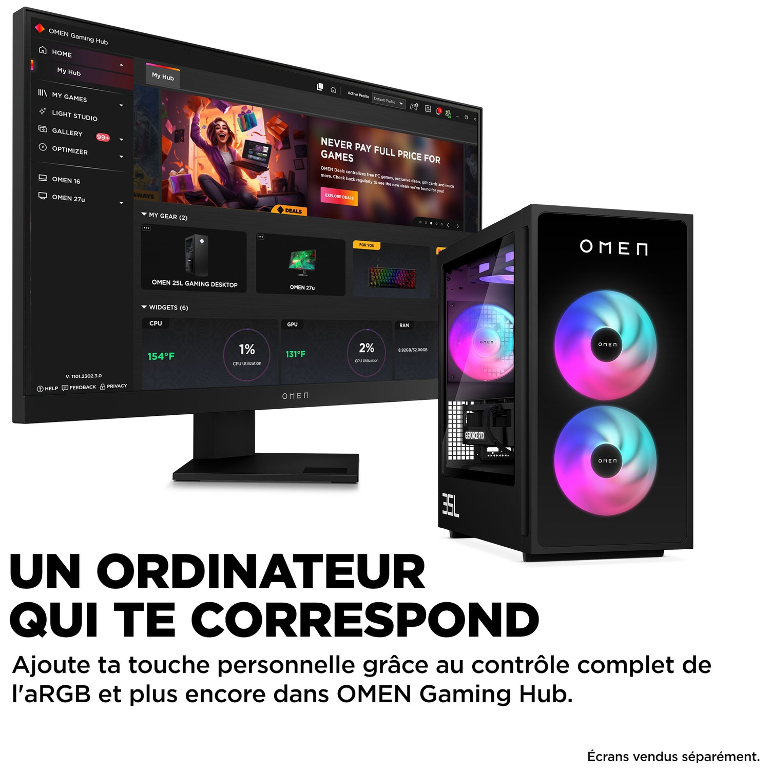 Un écran d'ordinateur affiche l'interface OMEN Gaming Hub. Un boîtier d'ordinateur noir avec des ventilateurs RVB est à côté.