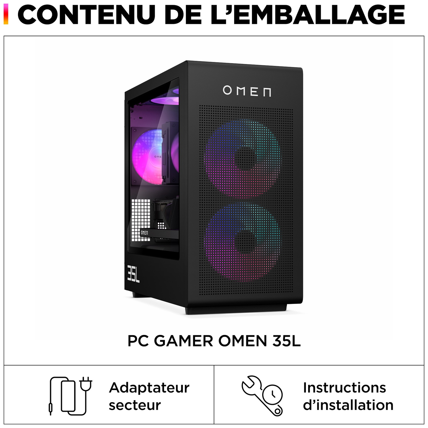 PC gaming Omen 35L noir. Comporte une façade perforée, le logo Omen et des composants internes visibles à travers une fenêtre latérale.