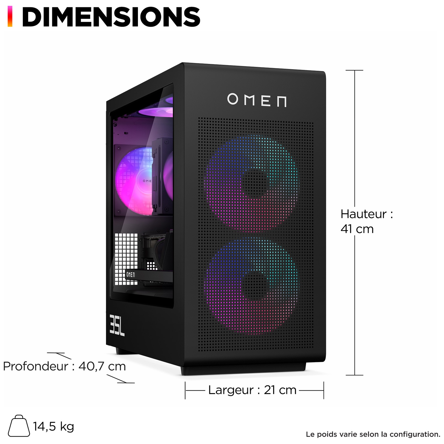 Boîtier PC Omen noir. Dimensions : hauteur 41 cm, profondeur 40,7 cm, largeur 21 cm, poids 14,5 kg. Le texte indique 'DIMENSIONS'.