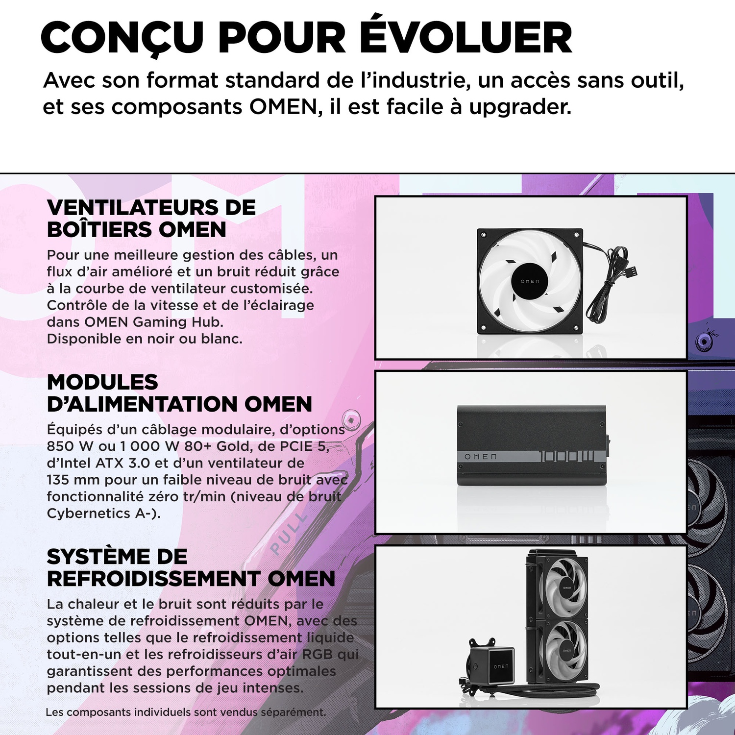 L'image présente des produits OMEN : ventilateurs, alimentation et système de refroidissement liquide. Le texte décrit les fonctionnalités.