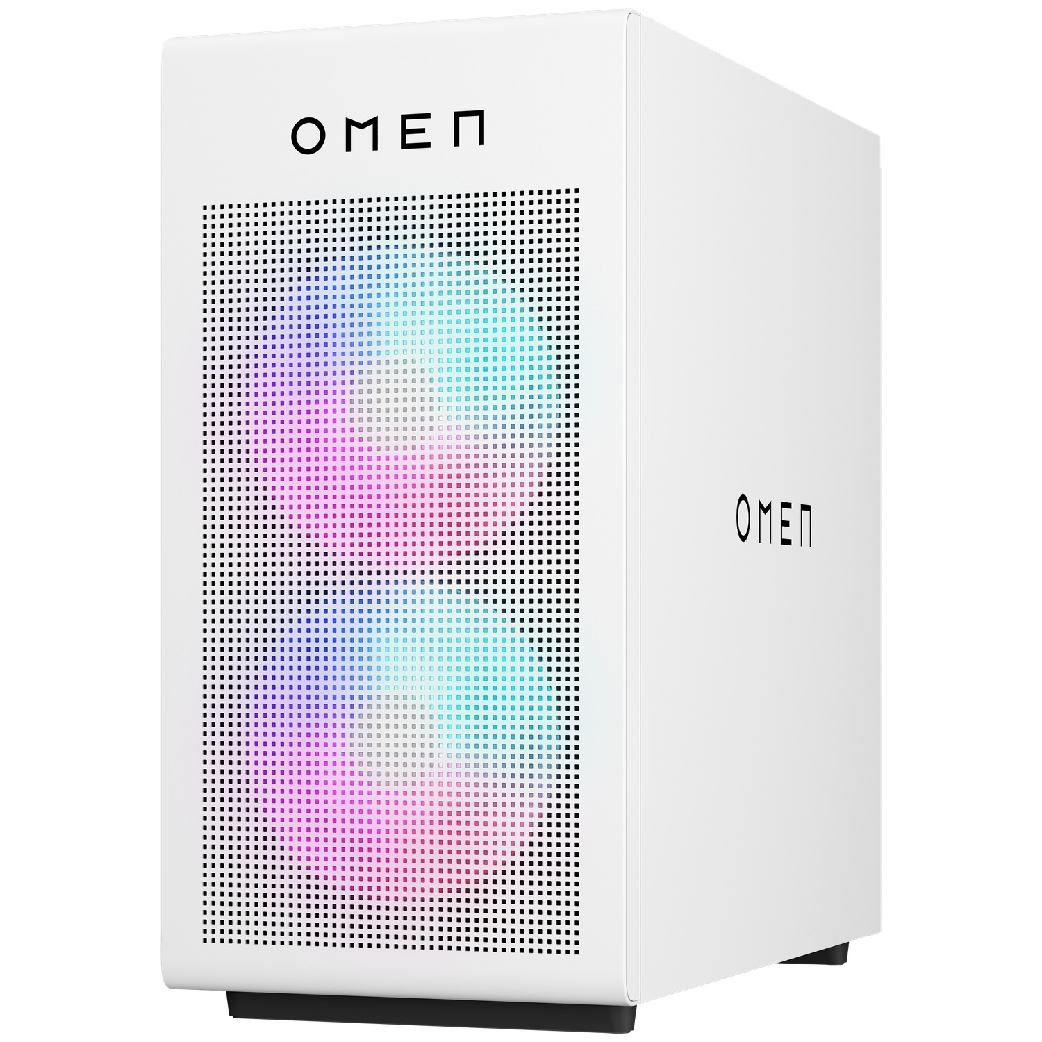 A white OMEN PC case with a perforated front panel displaying colorful lights. The OMEN logo is visible on the front and side.