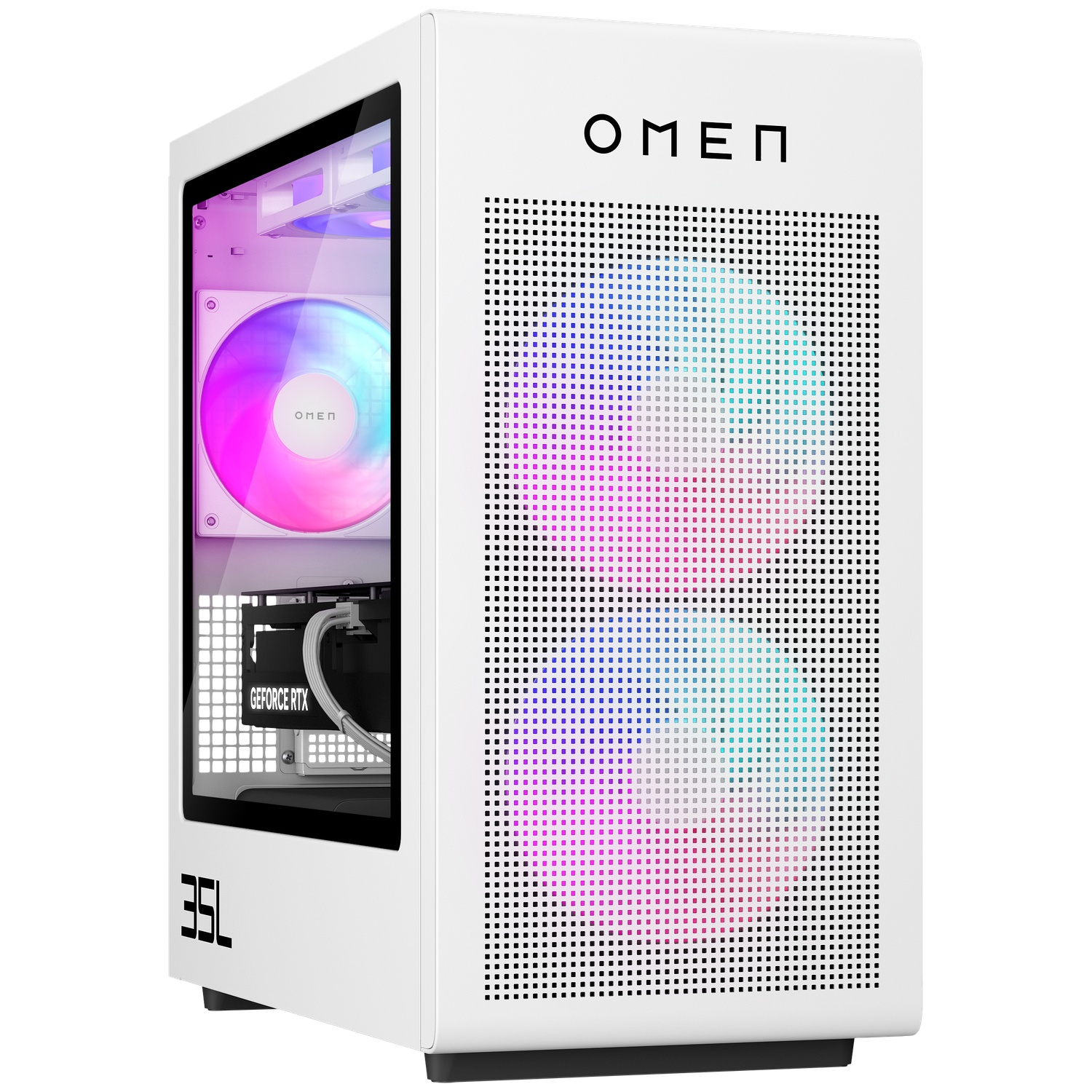 White OMEN PC case with a glass side panel showing internal components. Front panel has a grid pattern with colorful lights.