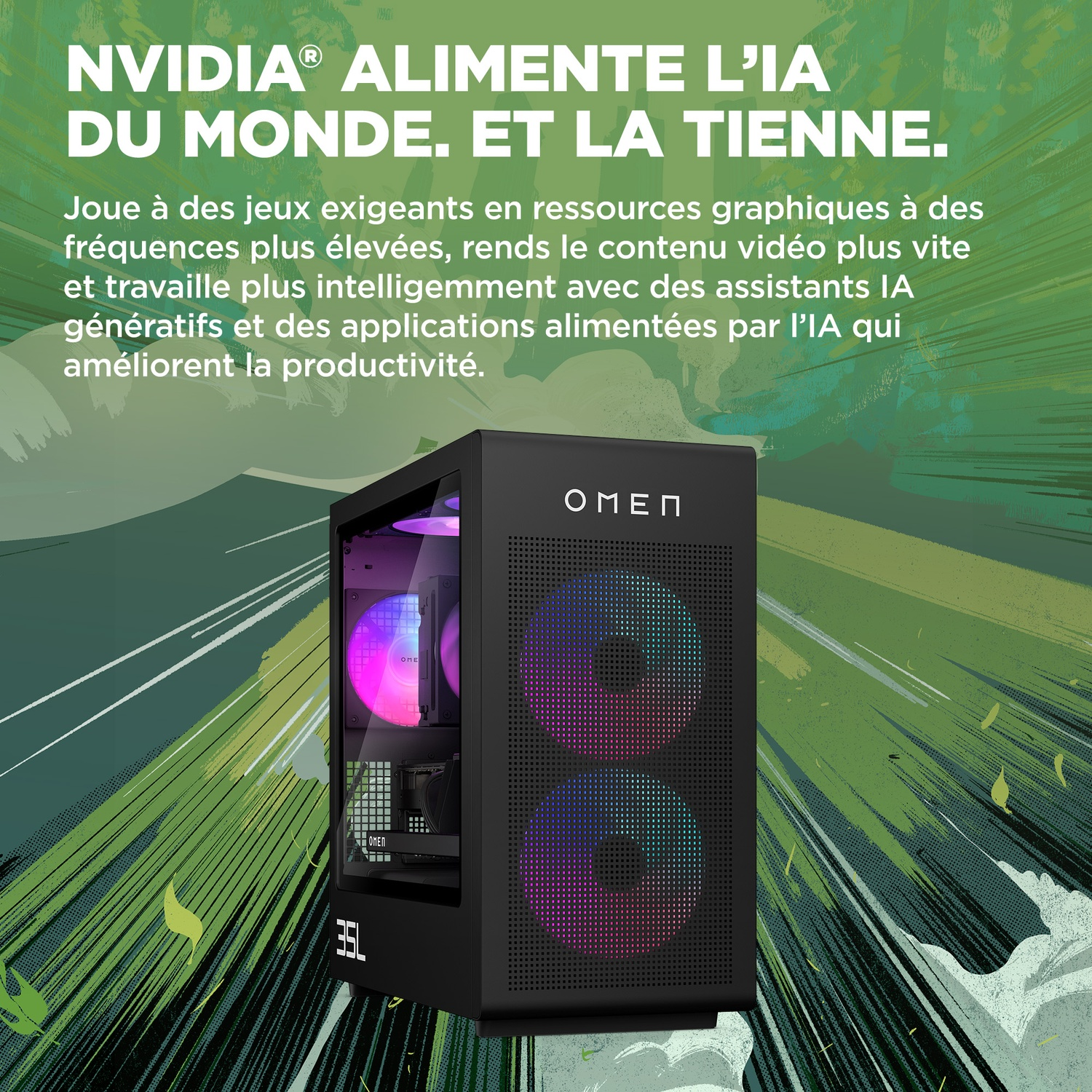 Boîtier PC Omen noir avec lumières colorées, texte sur NVIDIA et l'IA, fond vert et blanc avec texte.