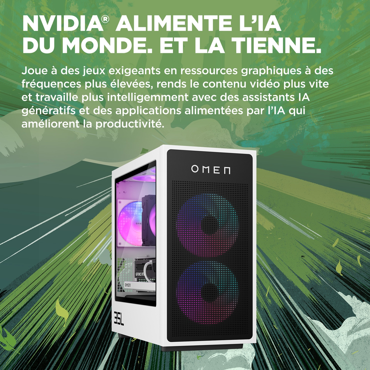 Un boîtier PC OMEN blanc avec des lumières colorées. Le texte ci-dessus indique 'NVIDIA ALIMENTE L'IA DU MONDE. ET LA TIENNE'.