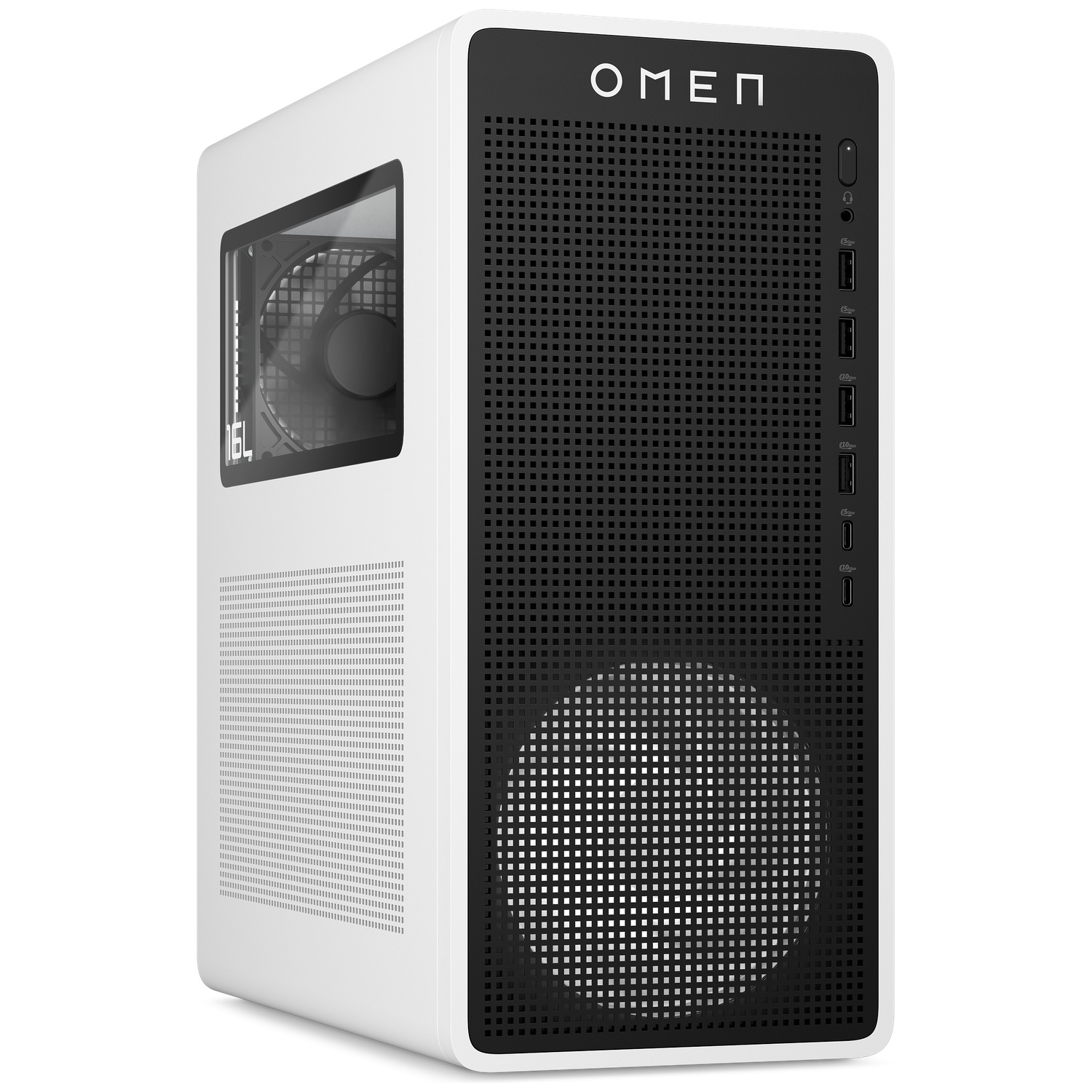 Een witte en zwarte OMEN gaming desktopcomputer. Hij heeft een geperforeerd voorpaneel en een zijvenster met interne componenten.