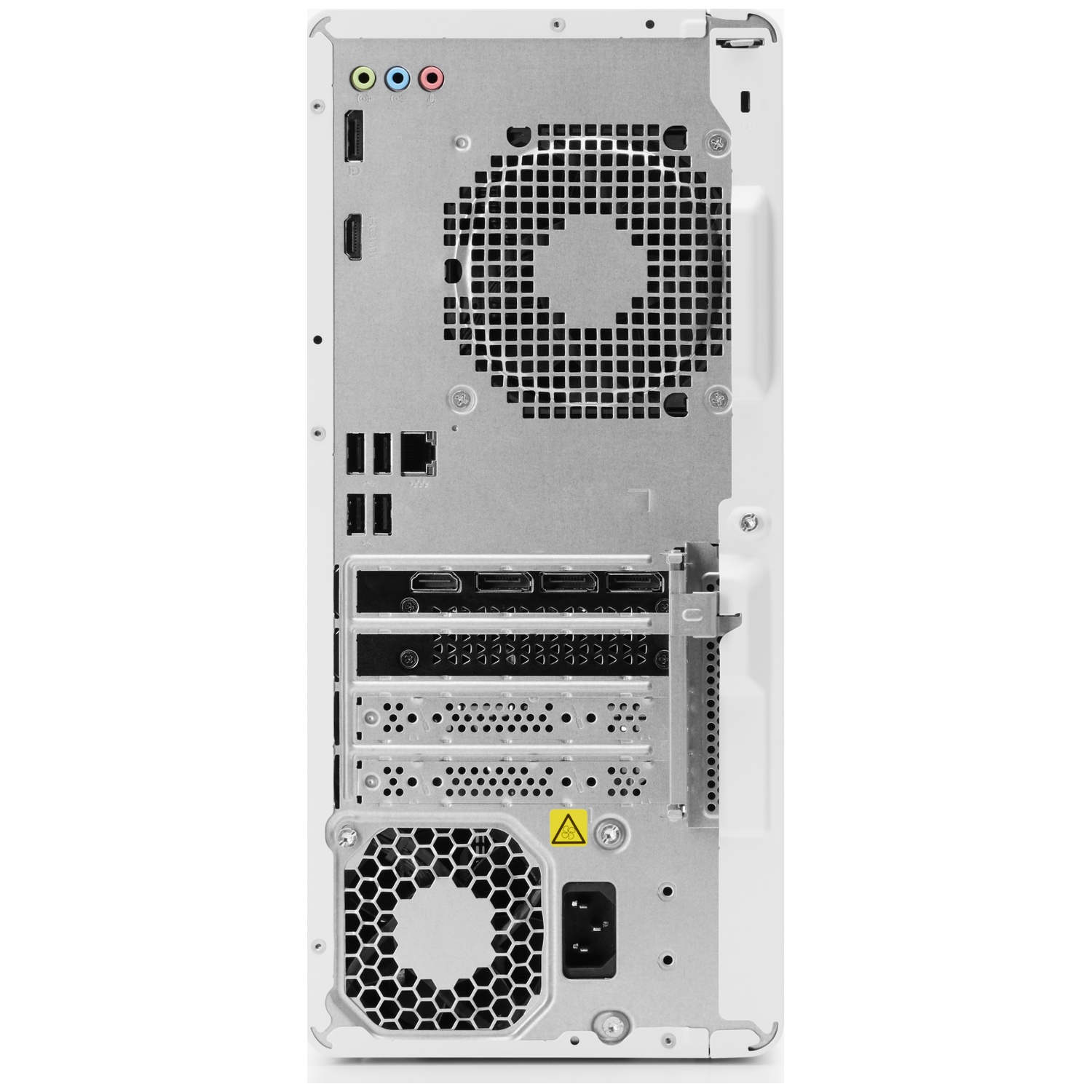 De achterkant van een witte desktopcomputer. Het heeft verschillende poorten, ventilatieopeningen en een stroomaansluiting. Een waarschuwingstriangel is zichtbaar.