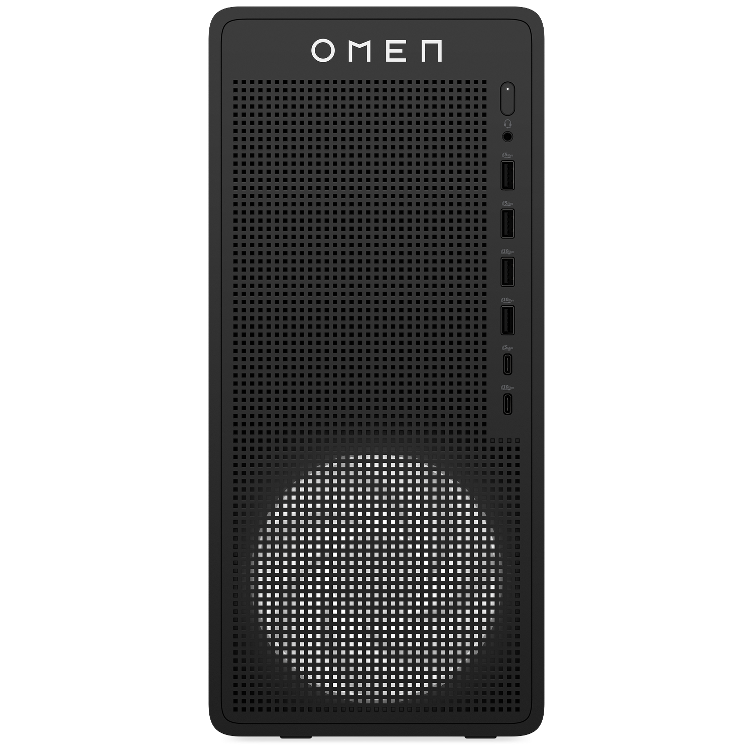 Black gaming PC with OMEN logo, ventilated front, and ports.