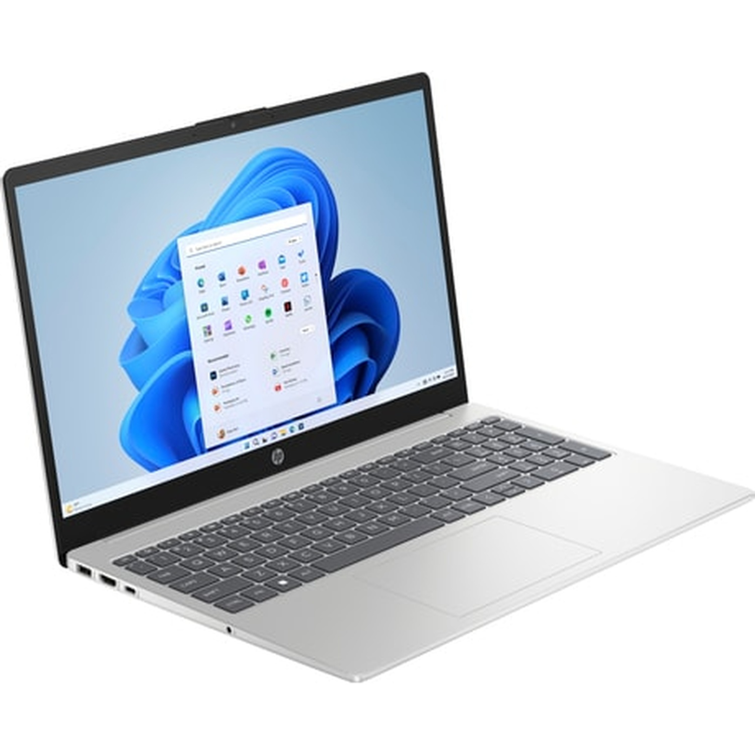 Ordinateur portable argenté ouvert, affichant une interface Windows 11 avec des icônes à l'écran. Le fond montre un tourbillon bleu.