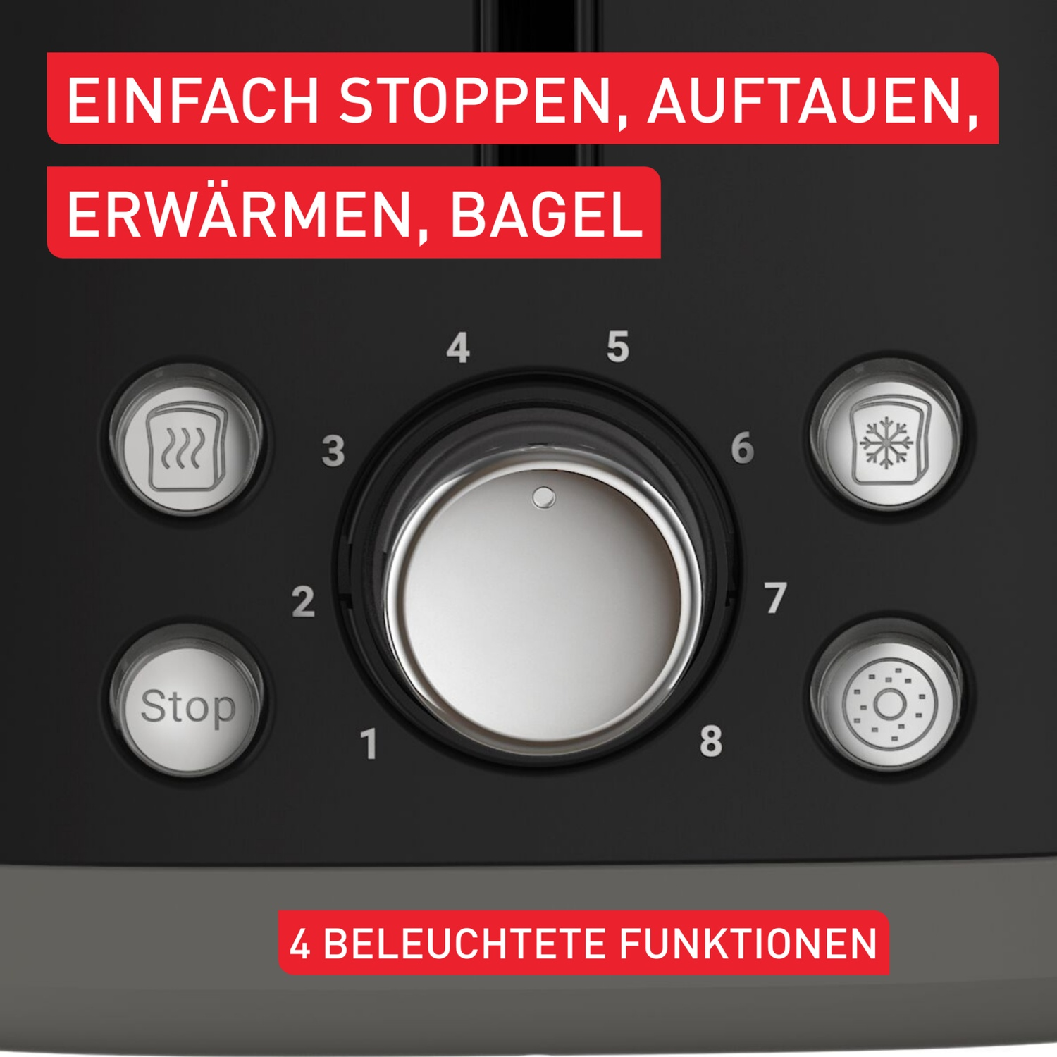 Close-up of a toaster control panel with buttons and a dial. Text indicates functions like stop, defrost, and bagel. Buttons show icons.
