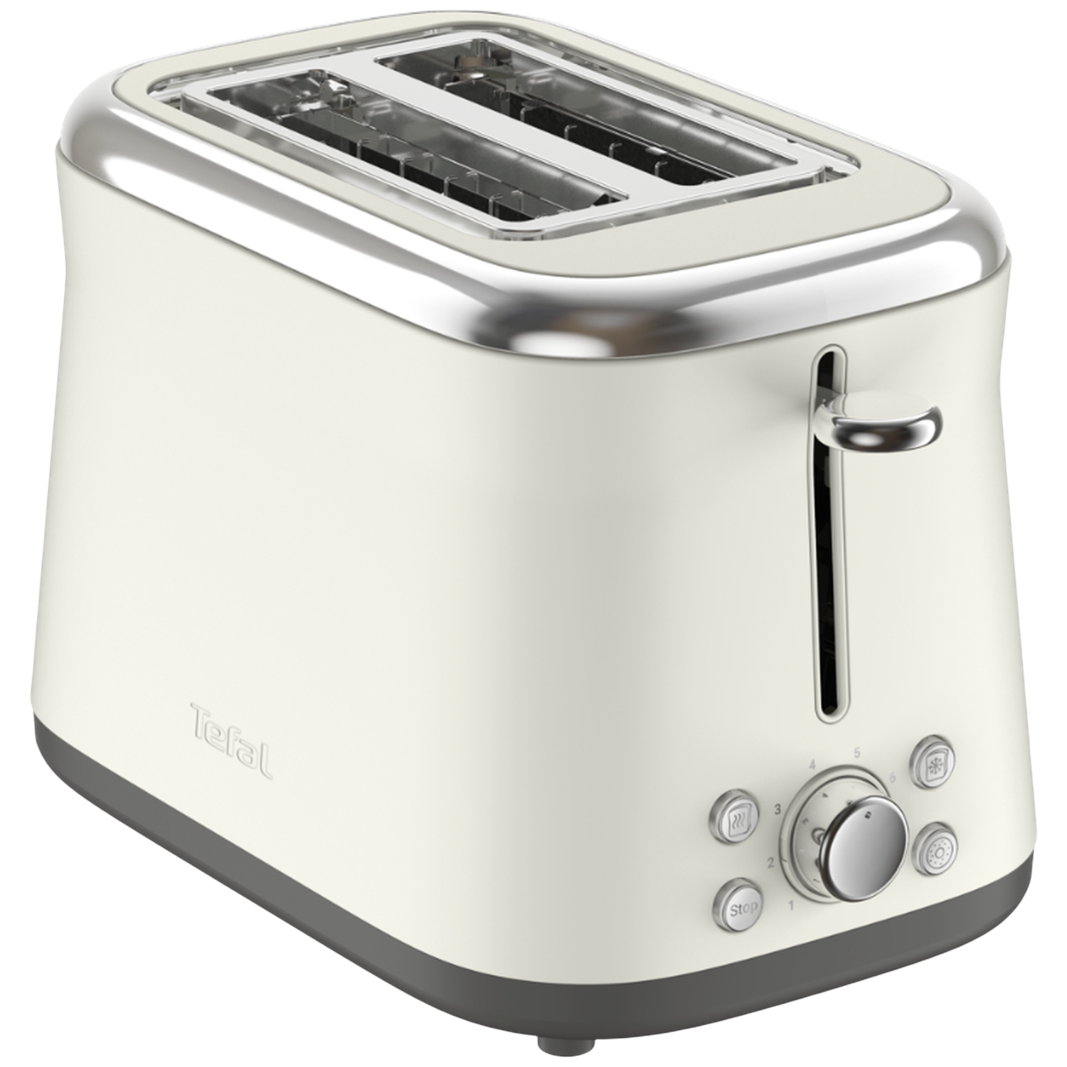 Grille-pain Tefal crème avec détails chromés. Comprend deux fentes, un levier et des molettes de contrôle pour dorer et les fonctions.