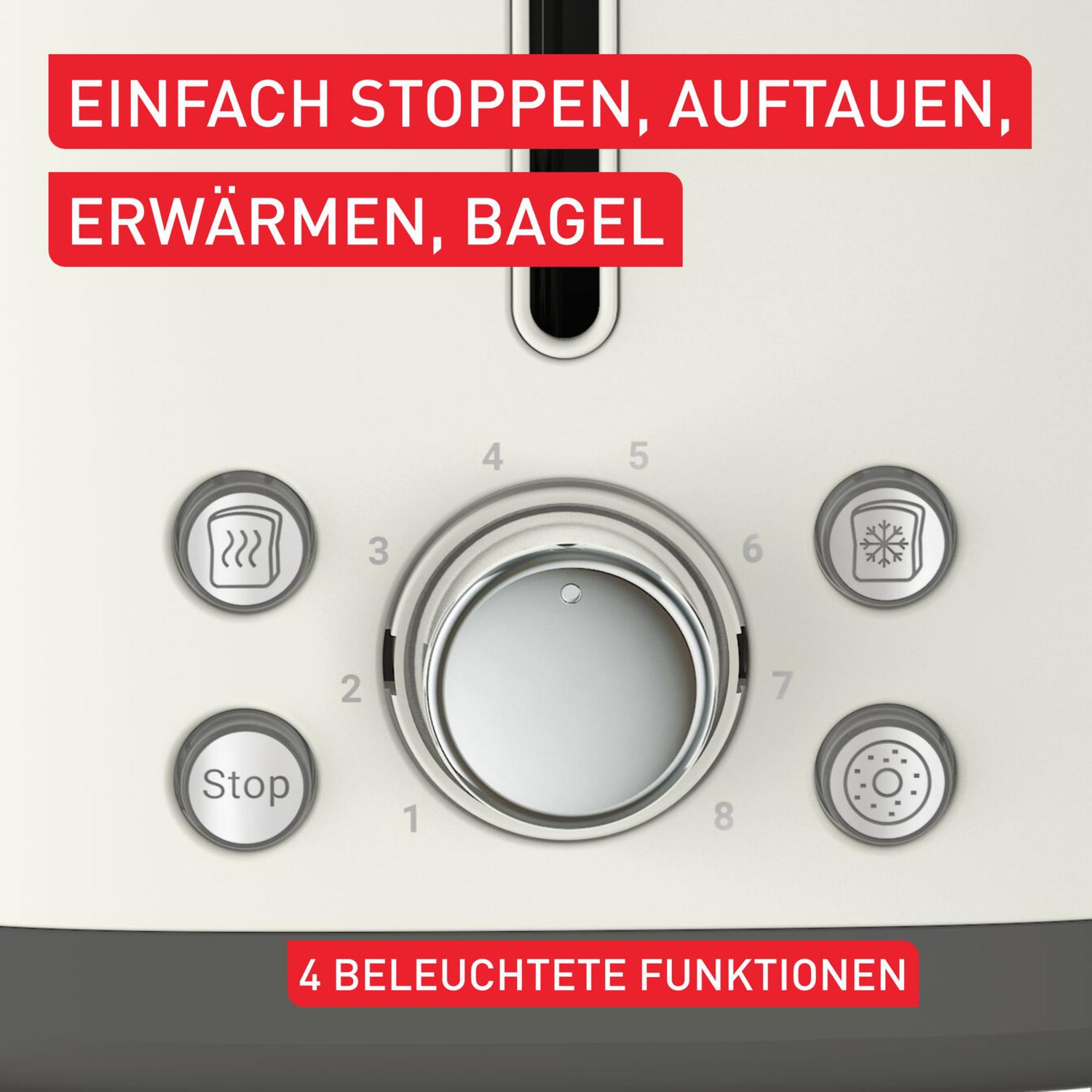 Un grille-pain avec des boutons pour arrêter, décongeler, réchauffer et bagel. Un cadran contrôle le niveau de grillage. Texte allemand visible.