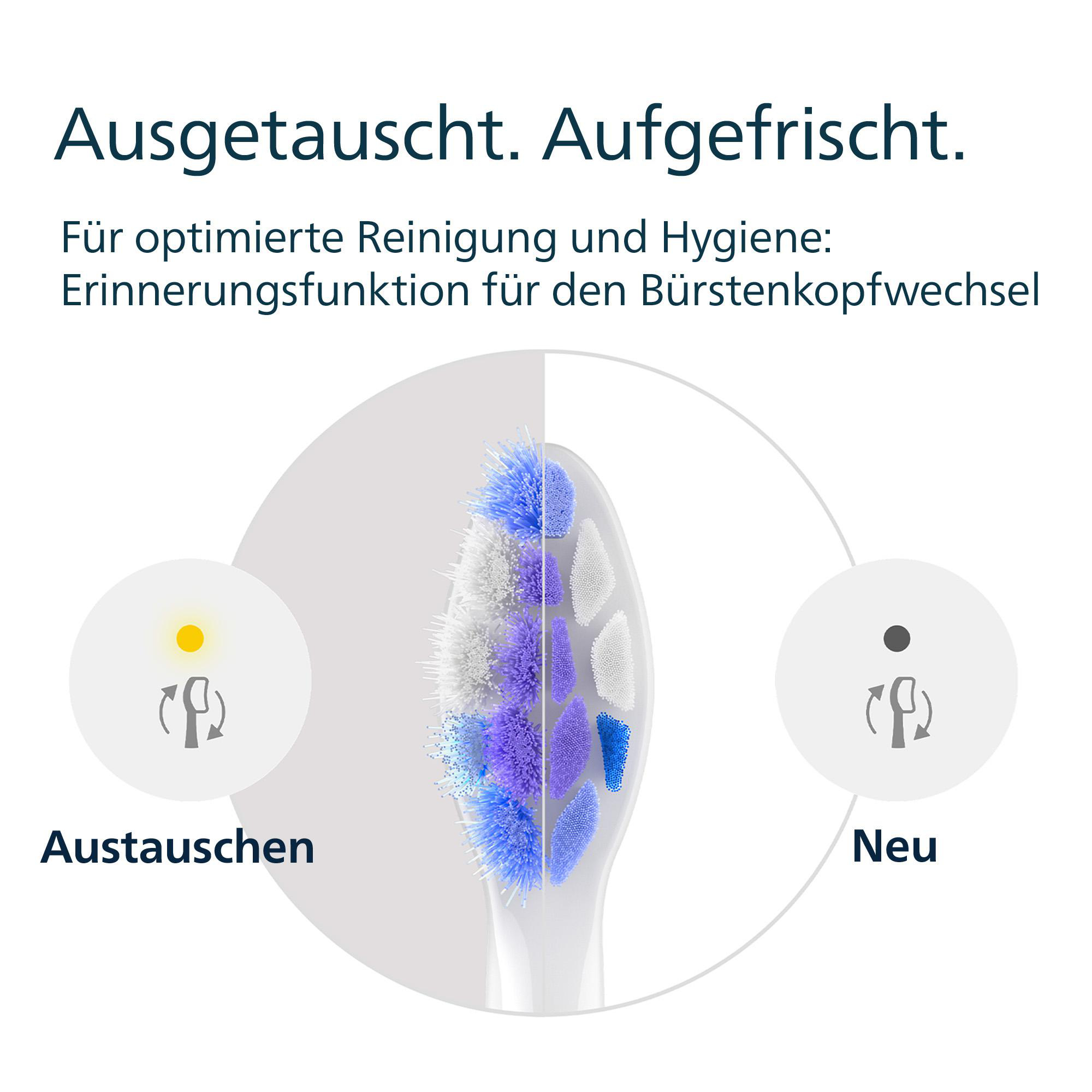 Das Bild zeigt einen Zahnbürstenkopf mit den Texten 'Ausgetauscht. Aufgefrischt.' und 'Austauschen' und 'Neu'.