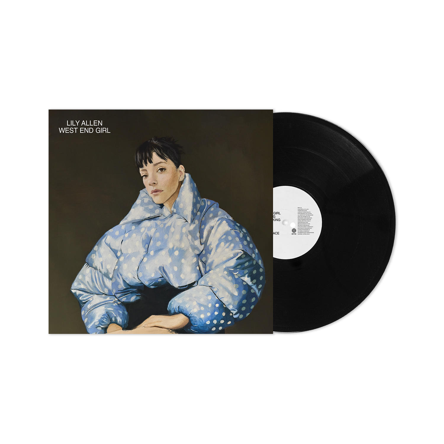 Pochette d'album et disque vinyle. La pochette présente Lily Allen dans une veste bleue à pois blancs. Le vinyle est noir.