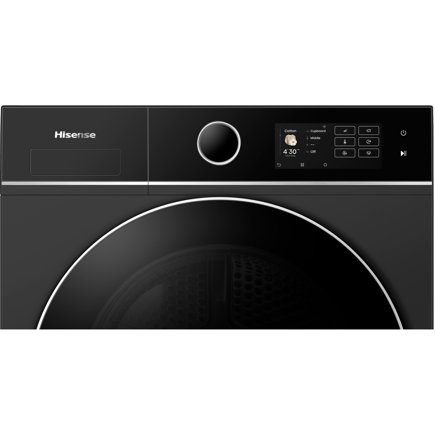 Zwarte Hisense droger. Het heeft een digitaal display met instellingen en een grote ronde deur. Het scherm toont 4:30.