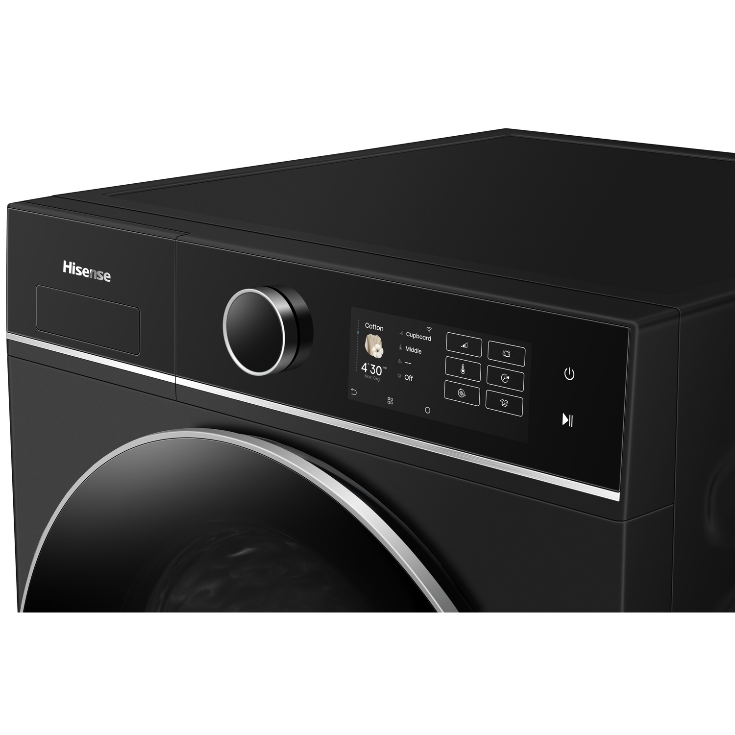Zwarte Hisense wasmachine met digitaal display. Een draaiknop en een glazen deur zijn zichtbaar.