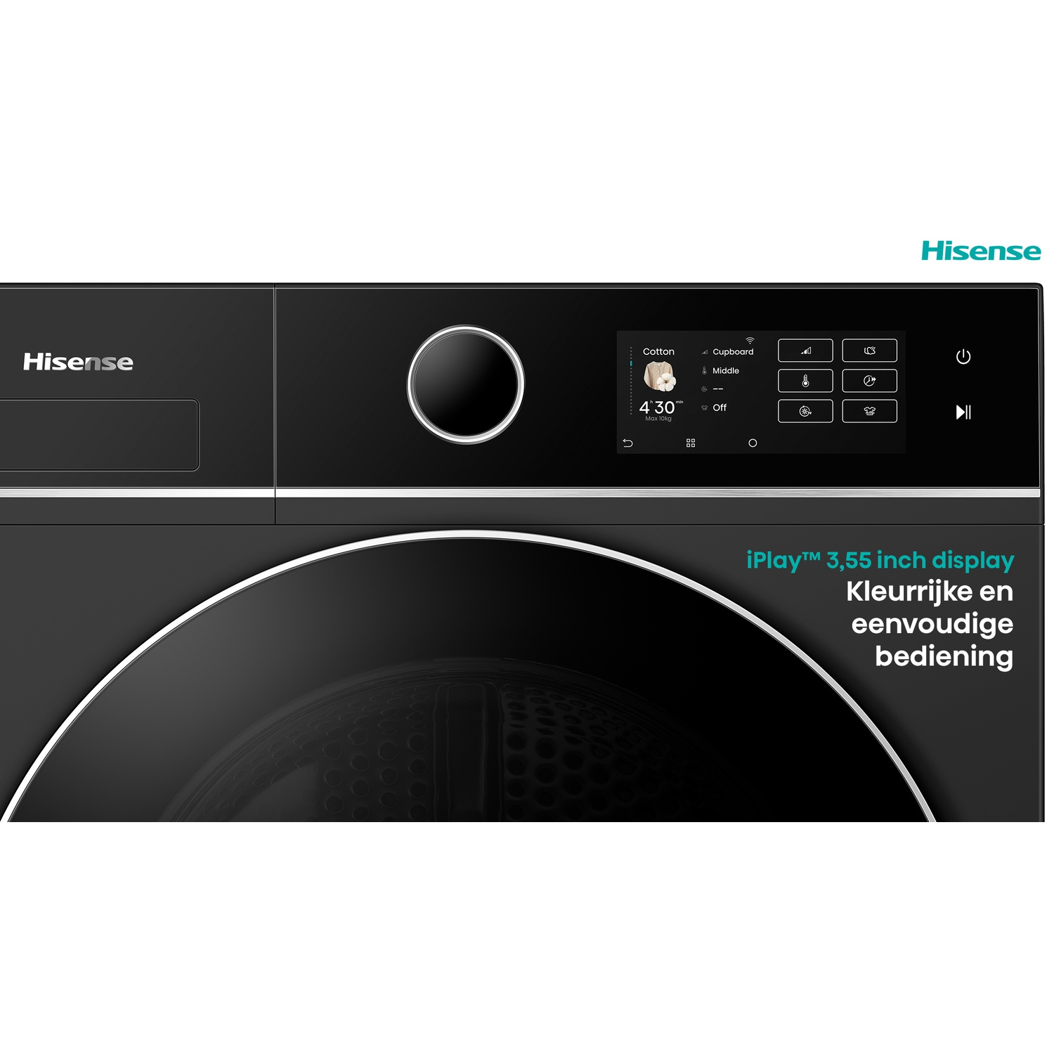 Zwarte Hisense droger met digitaal display. Toont instellingen. Ronde deur en bedieningspaneel aanwezig.