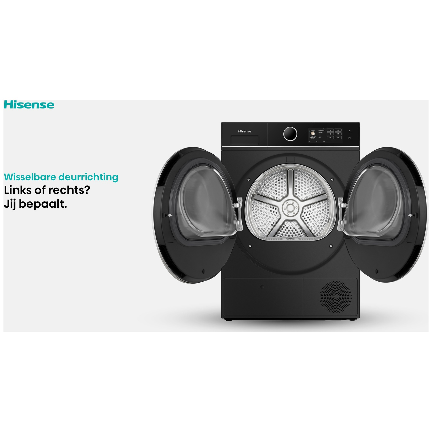 Een zwarte Hisense droger met open deuren wordt weergegeven. Tekst luidt 'Wisselbare deurrichting' en 'Links of rechts? Jij bepaalt'.