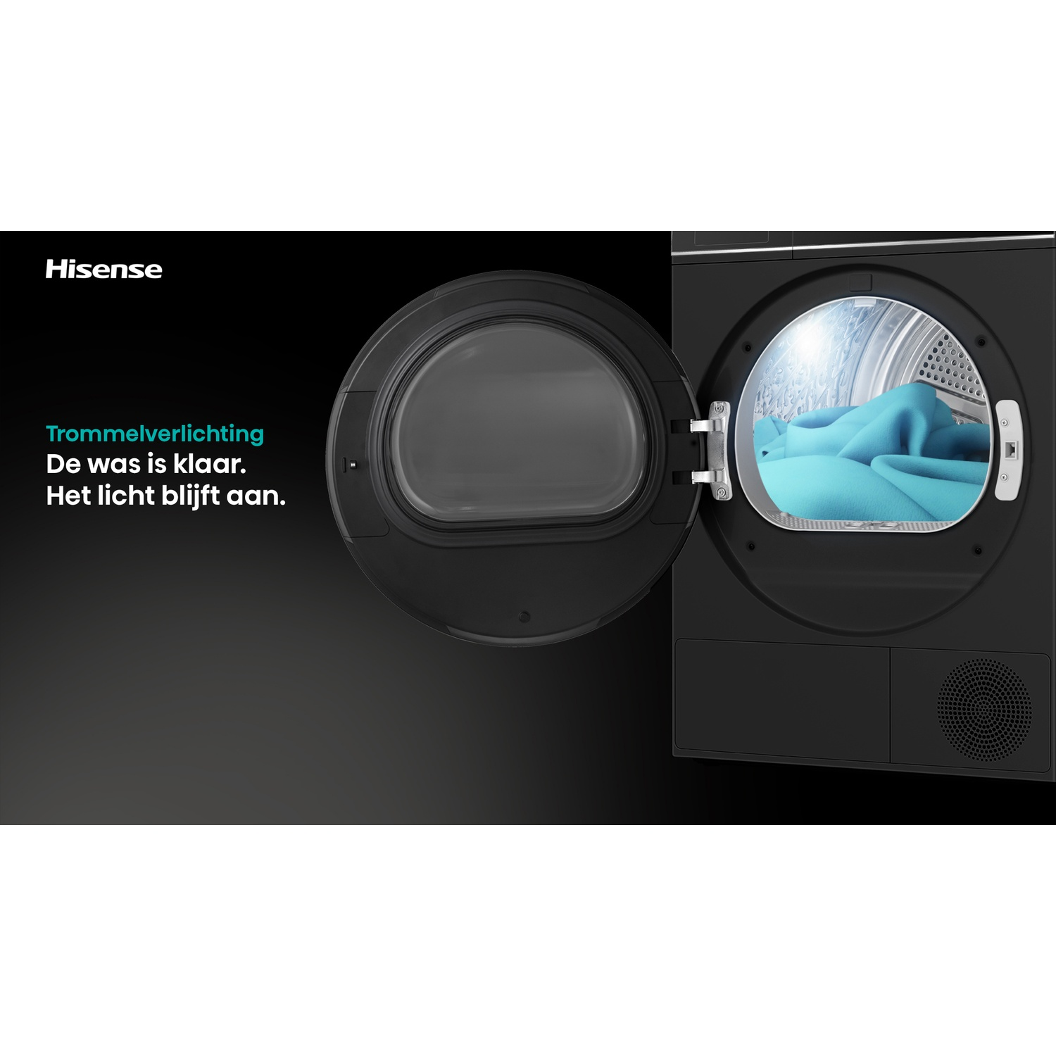 Een zwarte Hisense droger met een open deur. Binnenin zijn blauwe kleren zichtbaar. De tekst luidt: 'Trommelverlichting, De was is klaar, Het licht blijft aan.'