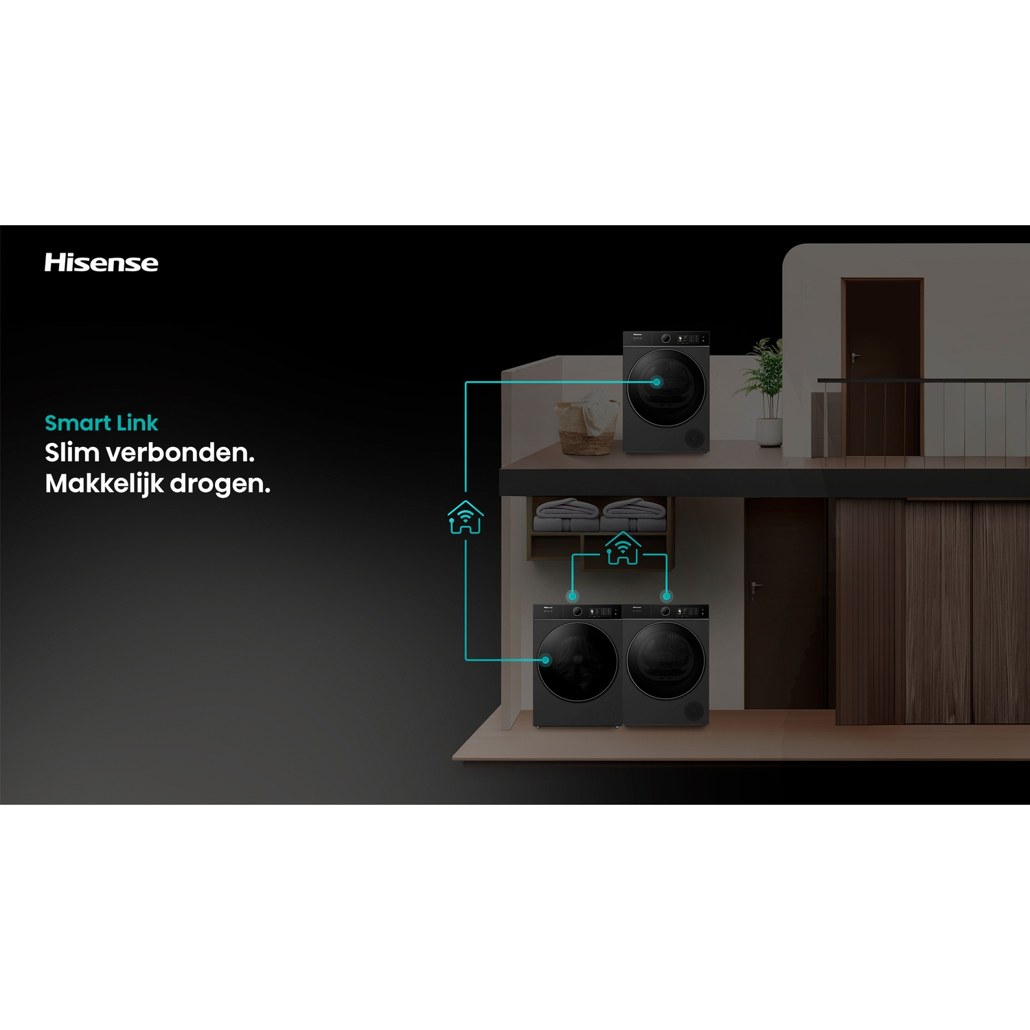 Afbeelding toont twee verdiepingen met wasmachines en drogers. Smart Link-technologie verbindt de apparaten.