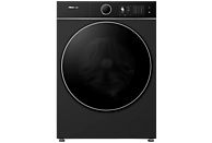 Een zwarte Hisense wasmachine met een grote ronde deur. Hij heeft een digitaal display en bedieningspaneel aan de bovenkant.