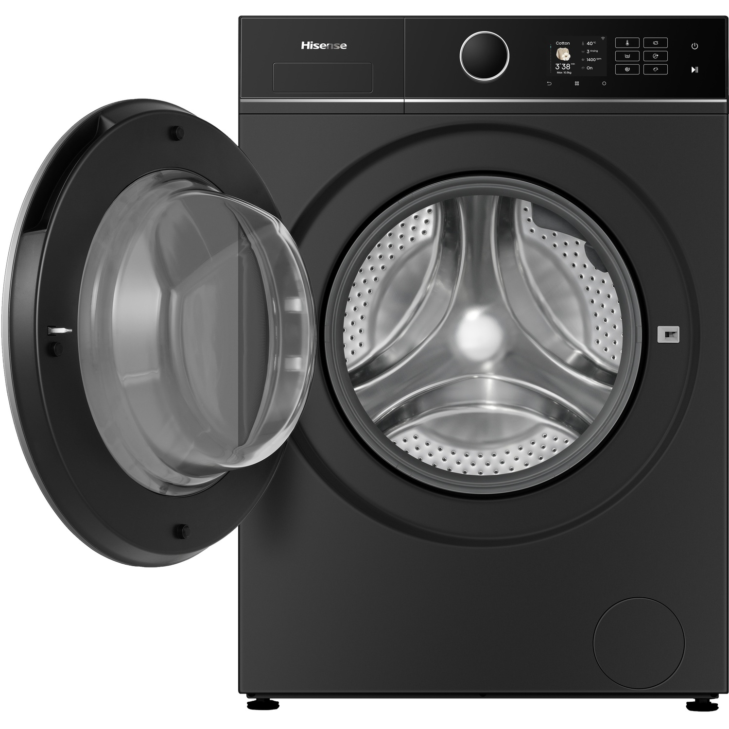 Lave-linge Hisense noir avec porte ouverte. Avec écran numérique, bouton de commande rond et porte transparente.
