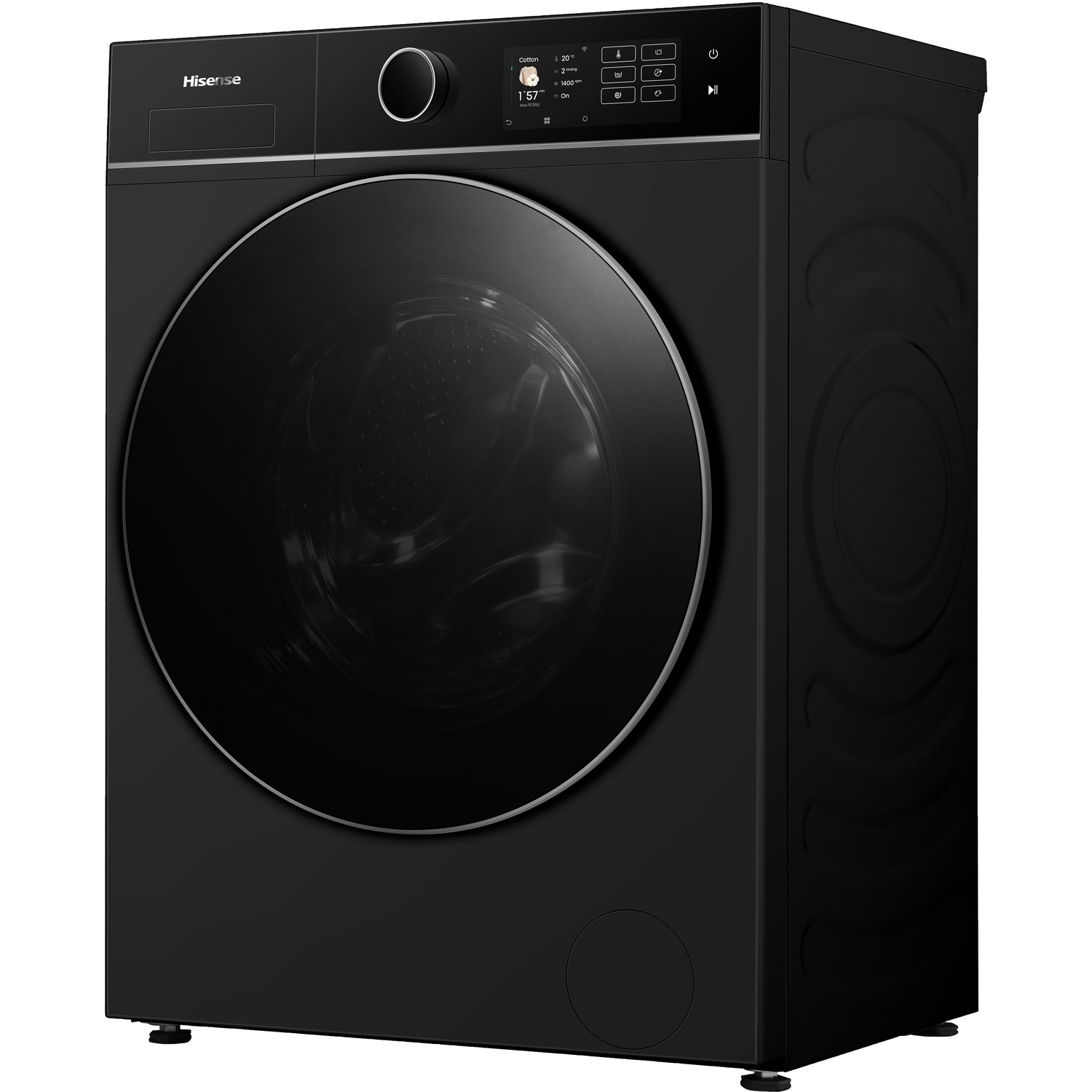 Une machine à laver Hisense noire avec une grande porte ronde. Elle a un écran numérique et un panneau de contrôle.