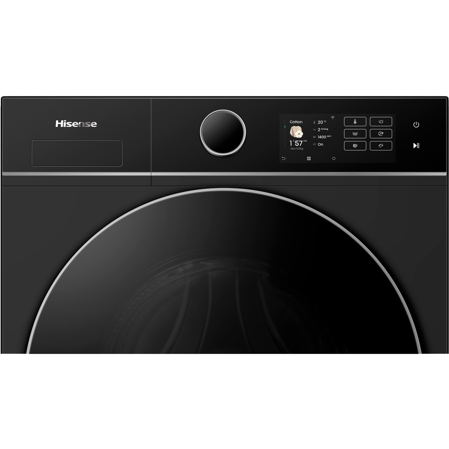 Un lave-linge Hisense noir. Il possède un bouton rotatif et un écran numérique affichant les réglages de lavage et le temps restant.