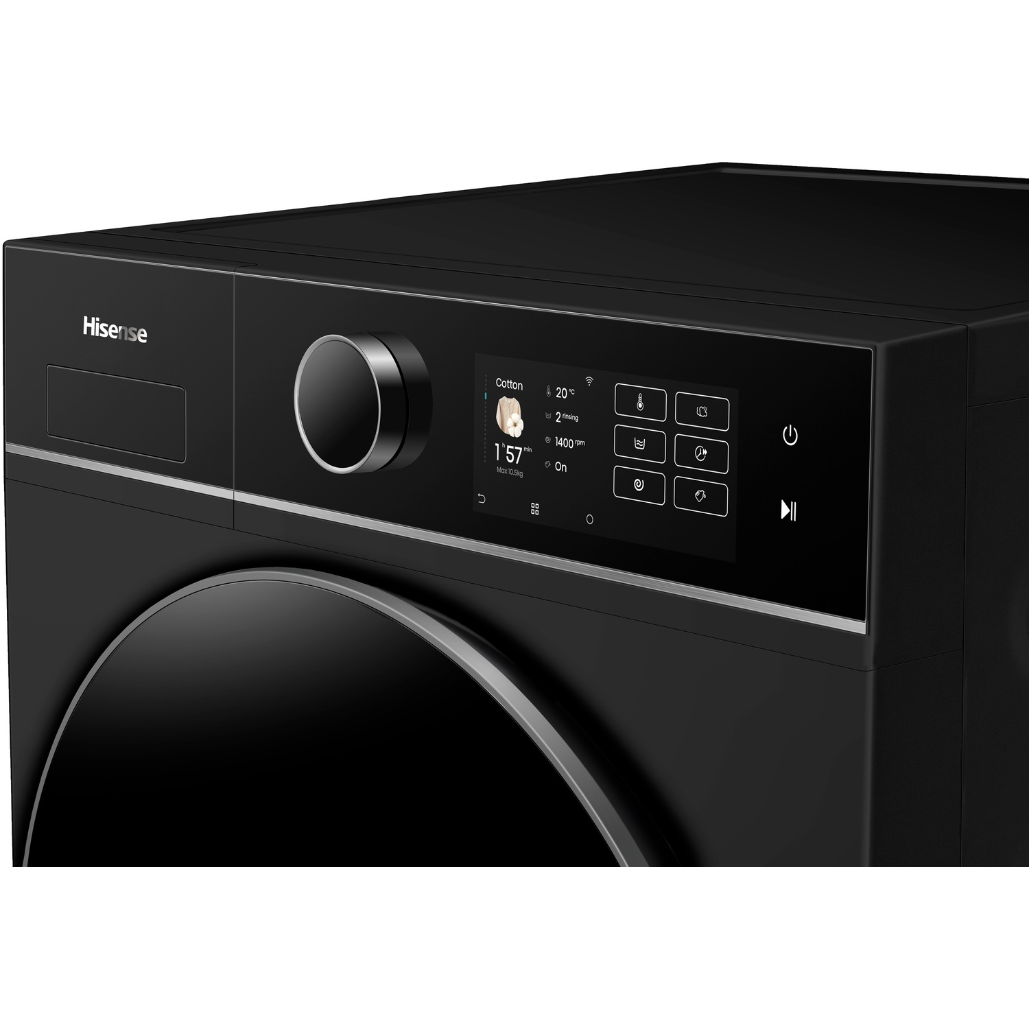 Une machine à laver Hisense noire. Elle possède un panneau de commande avec un écran affichant des paramètres comme coton, température et durée.