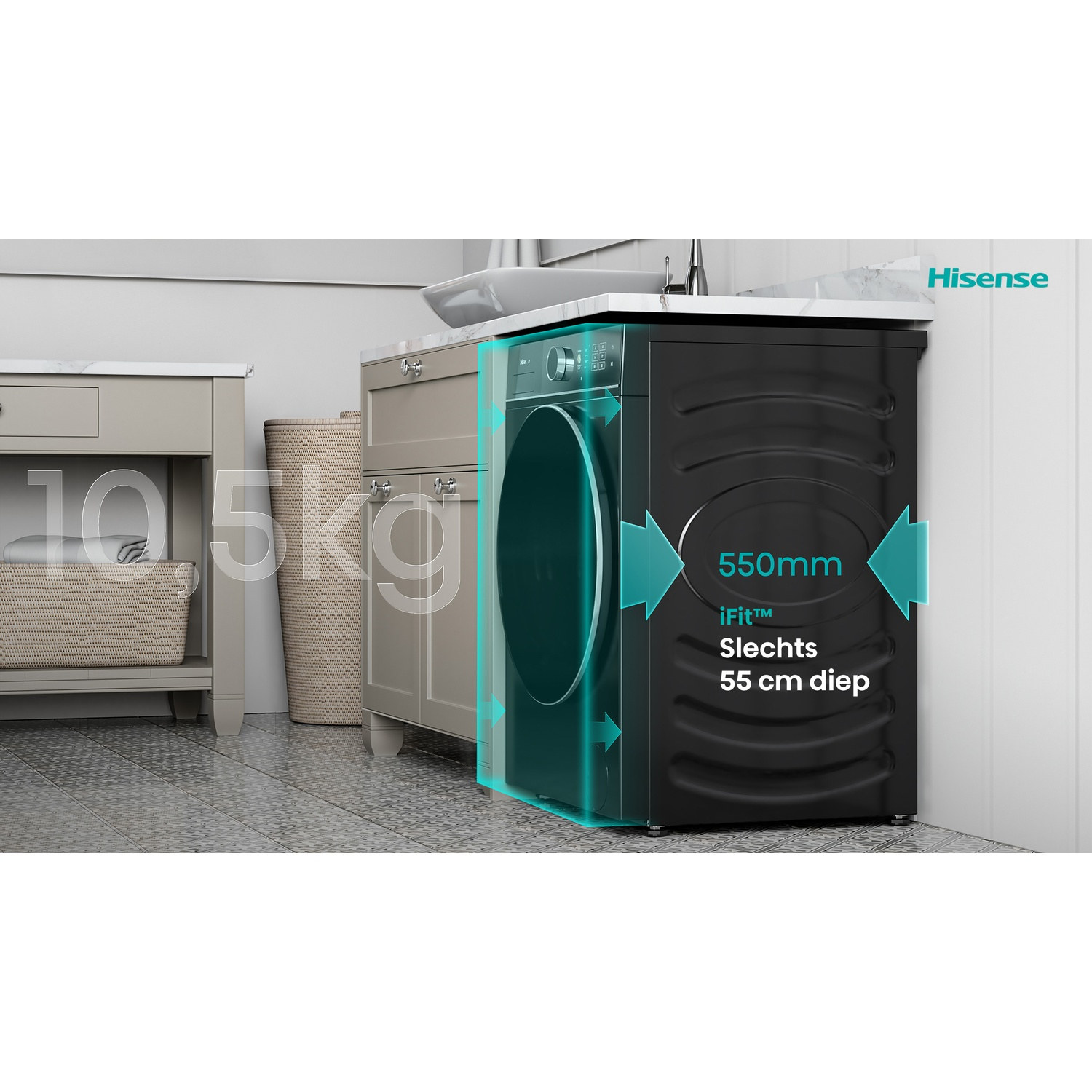 Une machine à laver noire avec une porte ronde, à côté d'une armoire. Le texte indique 10,5 kg et 550 mm.