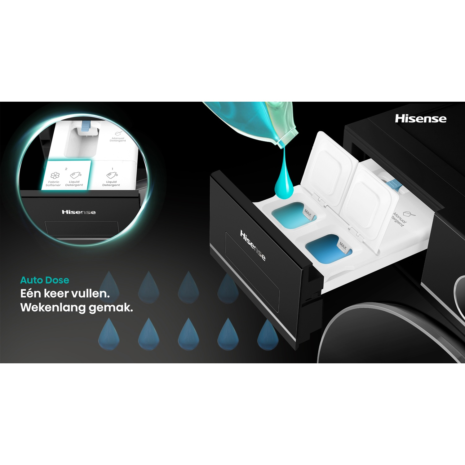 Un tiroir de machine à laver Hisense est ouvert. Du détergent liquide est versé. Le tiroir a des compartiments pour adoucissant et détergent.