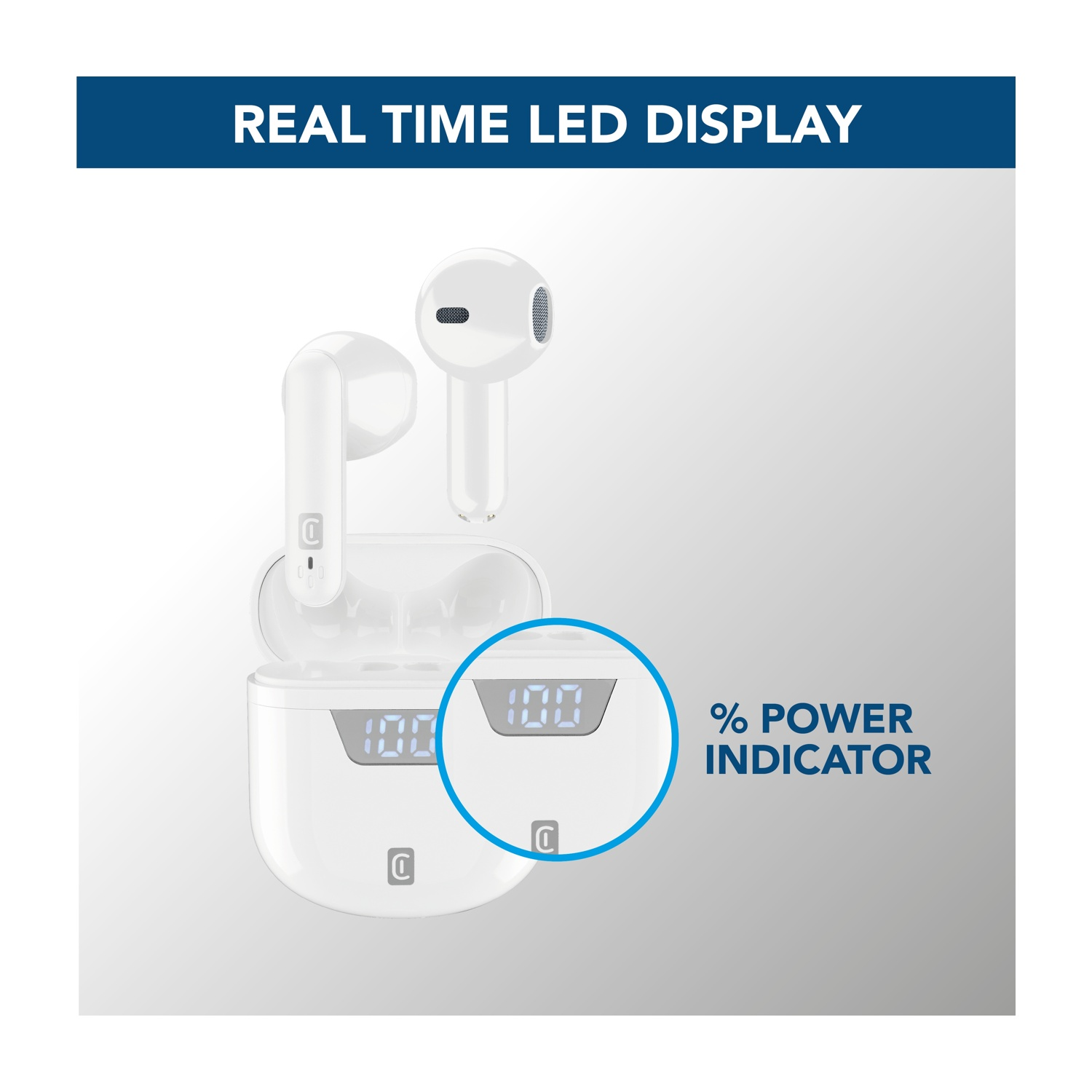 Auricolari wireless bianchi con custodia di ricarica che mostrano il 100% di carica sul display LED. Testo: 'Display LED in tempo reale'.