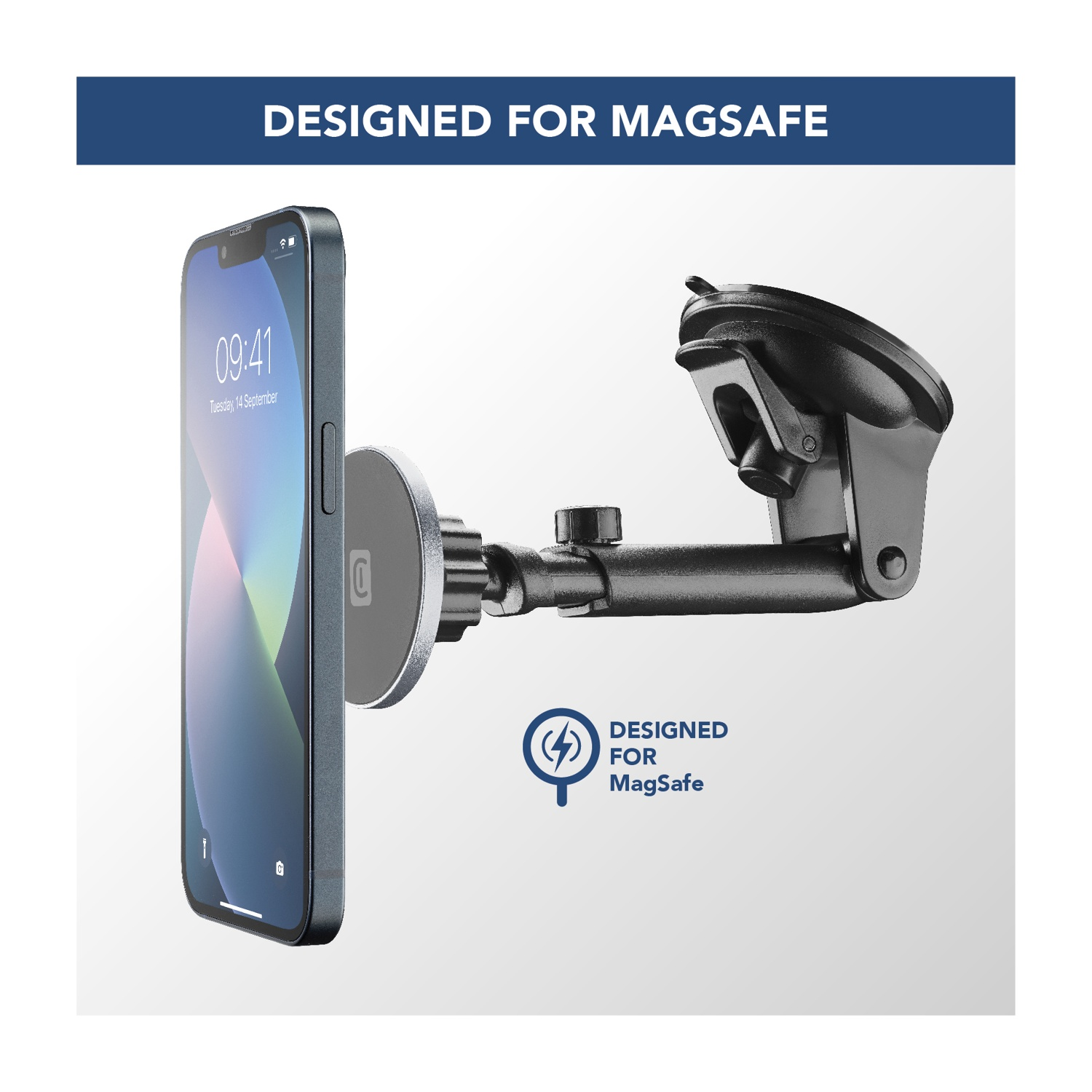 Un iPhone è montato su un supporto per telefono da auto. Il telefono mostra l'ora e la data. Il supporto è nero con una ventosa.