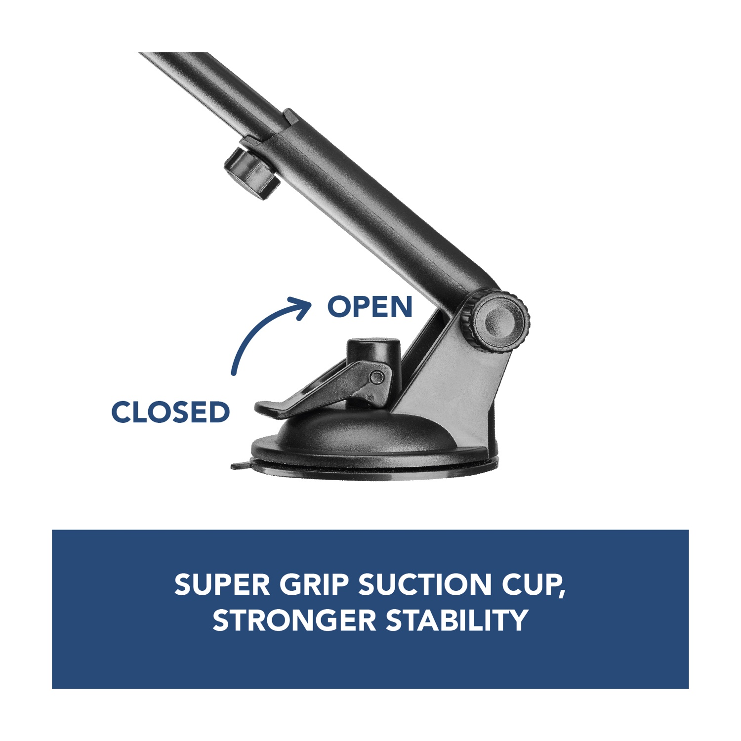 Supporto per telefono auto nero con ventosa, mostra le posizioni aperte e chiuse. Testo: Super Grip Ventosa, maggiore stabilità.