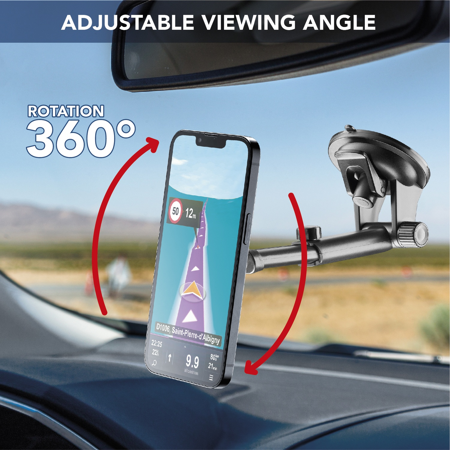 Un telefono con GPS è montato in un'auto. Mostra una mappa stradale. Il supporto ha una rotazione di 360 gradi. Il testo 'ADJUSTABLE VIEWING ANGLE' è visibile.