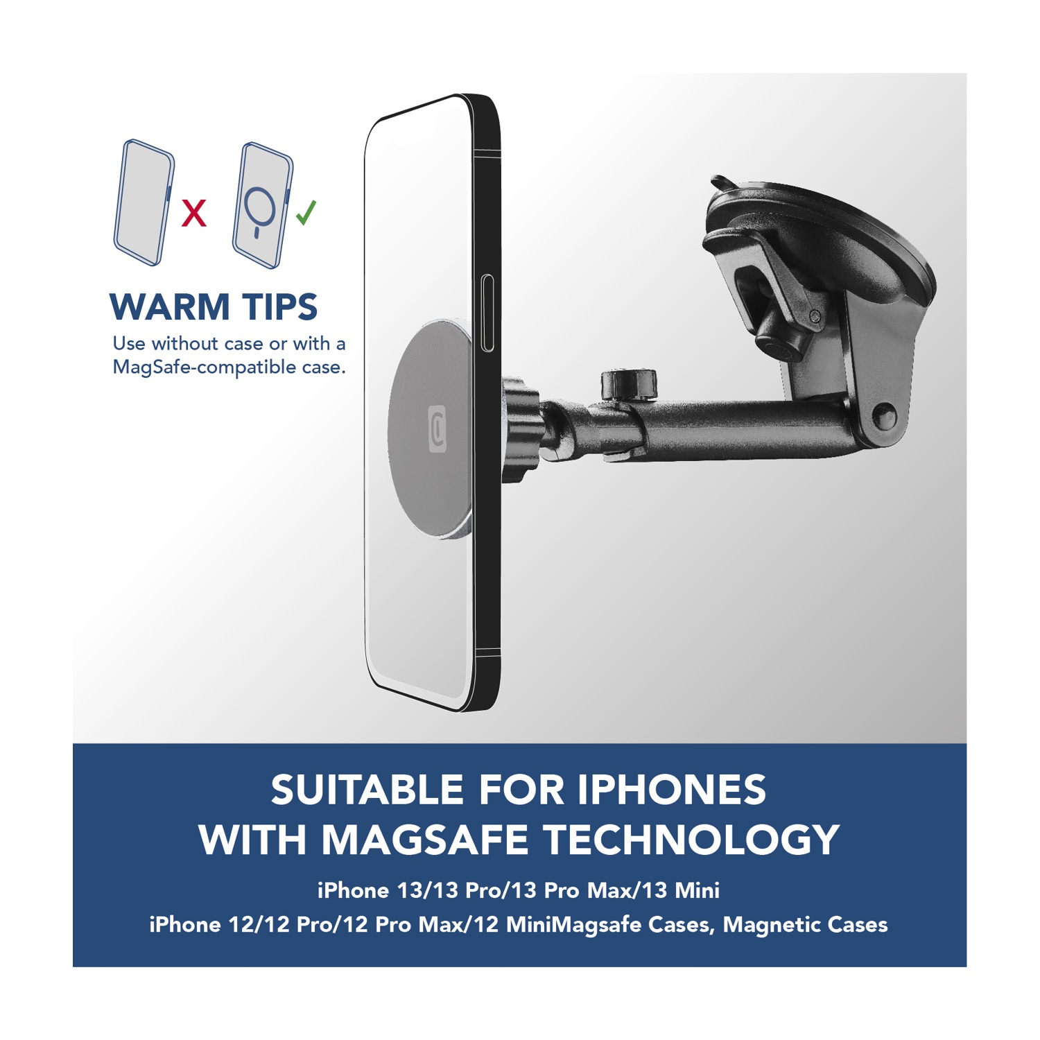 L'immagine mostra un telefono montato su un supporto per auto. Il testo indica la compatibilità con la tecnologia MagSafe e i modelli di iPhone.