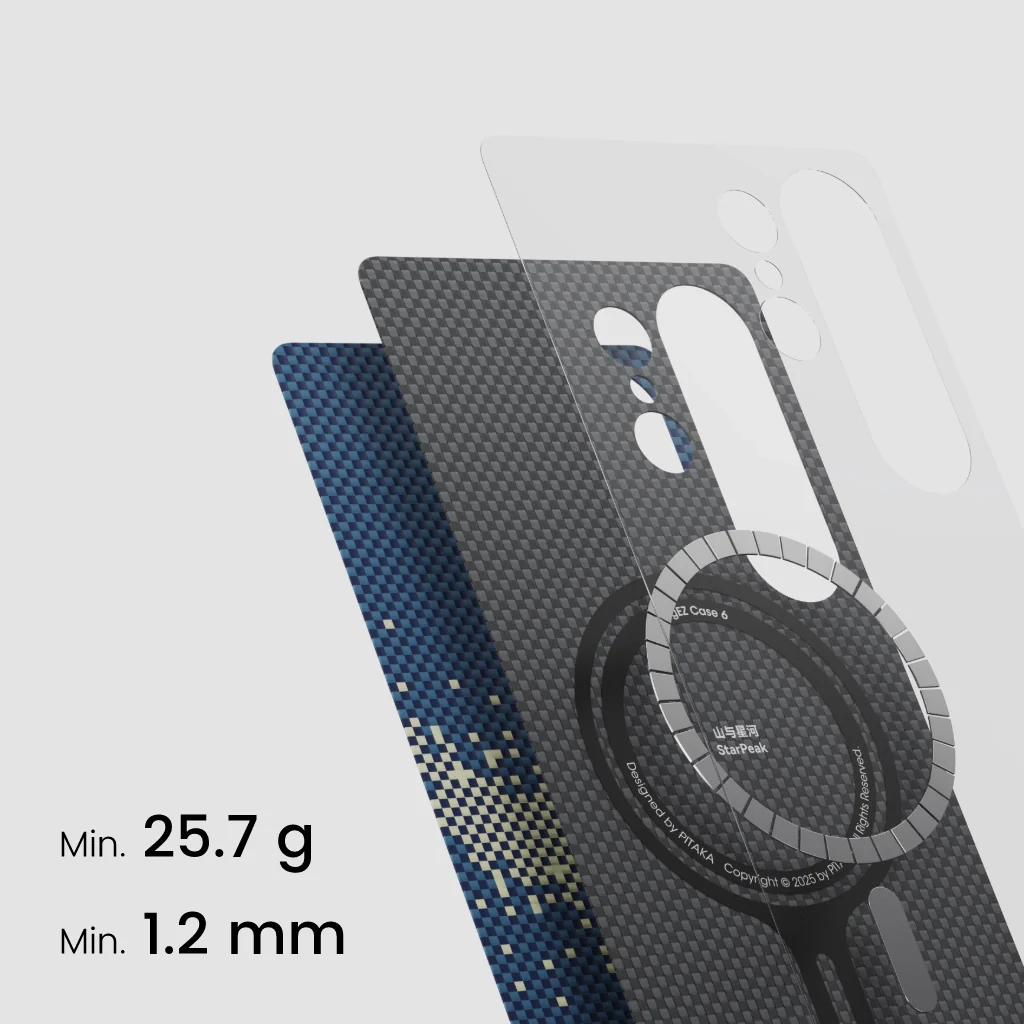 Telefontok rétegek szürke, kék és átlátszó színekben. A szöveg tartalmazza a 'Min. 25,7 g', 'Min. 1,2 mm' és a márka részleteit.