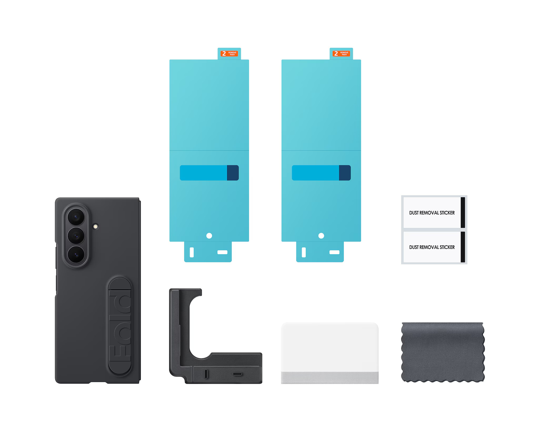 Obraz przedstawia etui na telefon, osłony ekranu, naklejki przeciwkurzowe, stojak, narzędzie czyszczące i ściereczkę. Wszystko na białym tle.