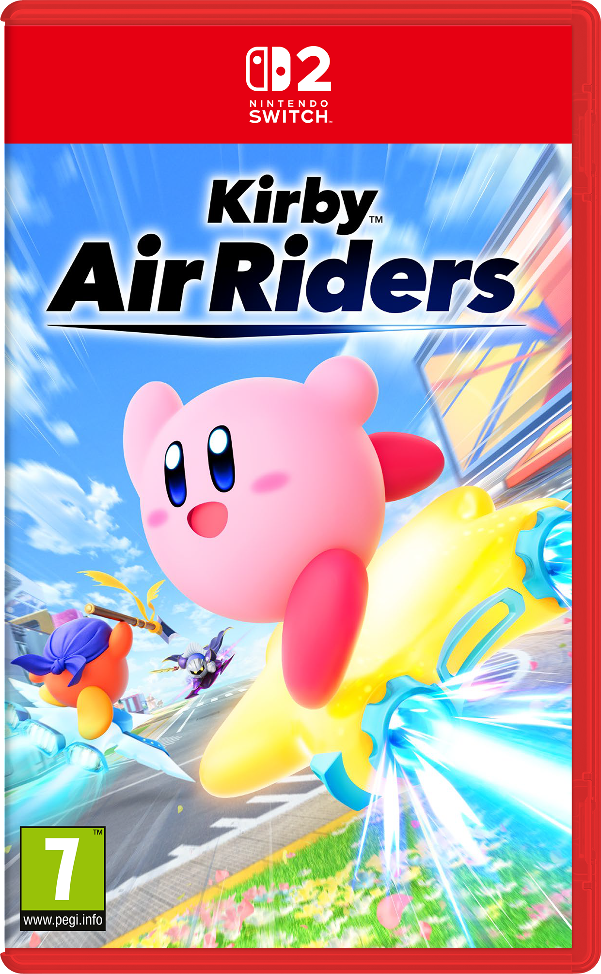 Kirby Air Riders-Spielcover. Kirby auf einem gelben Fahrzeug, andere Charaktere im Hintergrund, blauer Himmel und roter Rahmen.