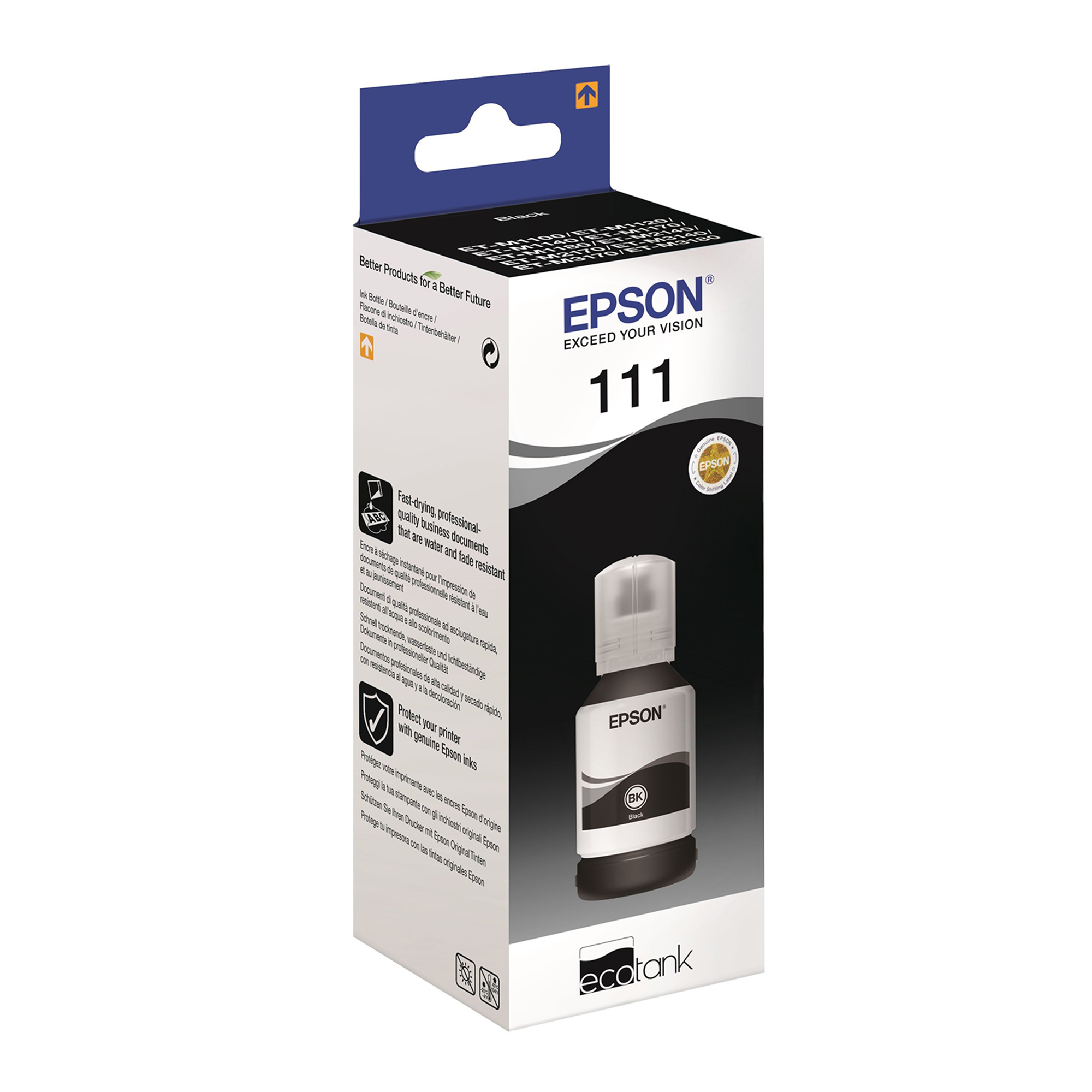 Una scatola per flaconi di inchiostro Epson. La scatola è bianca con dettagli neri e il logo Epson.