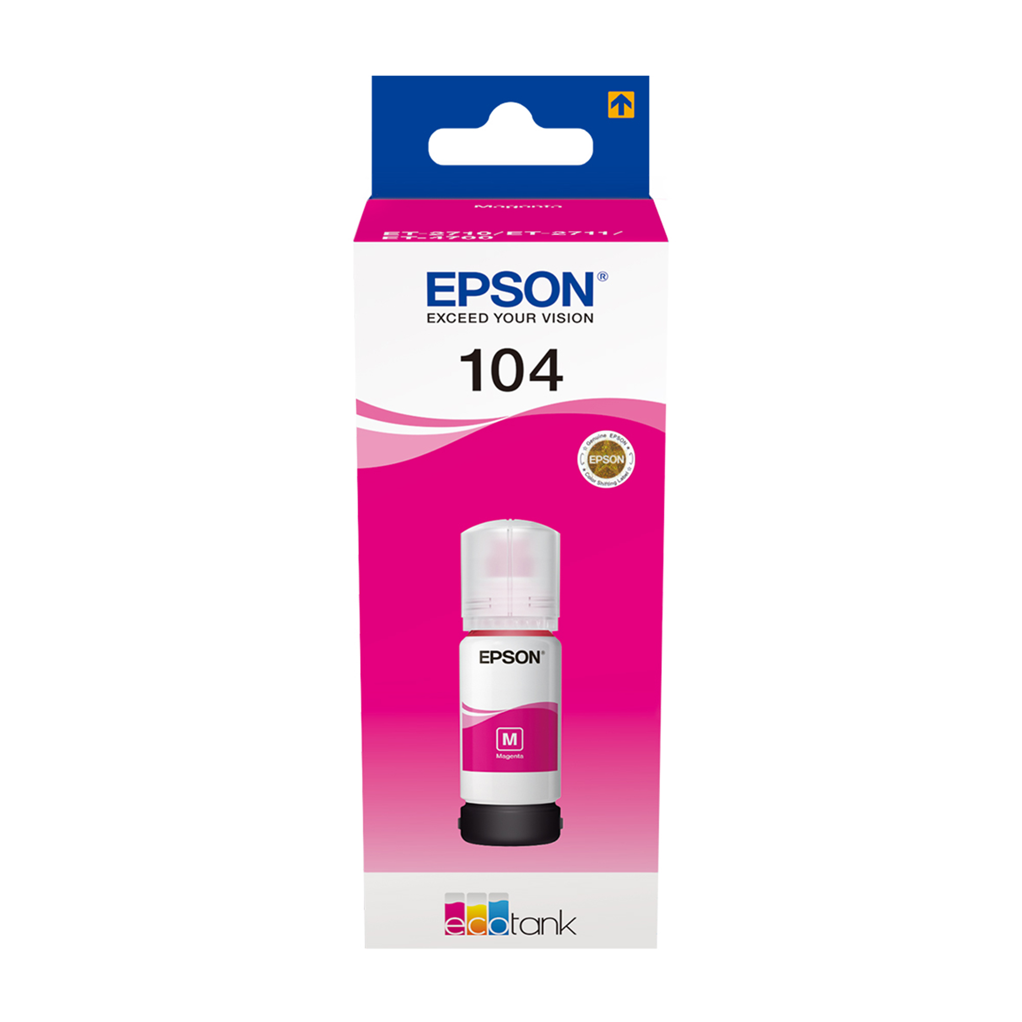 Una bottiglia di inchiostro magenta Epson in una scatola. La scatola è bianca e rosa con il logo Epson e il numero di prodotto 104.