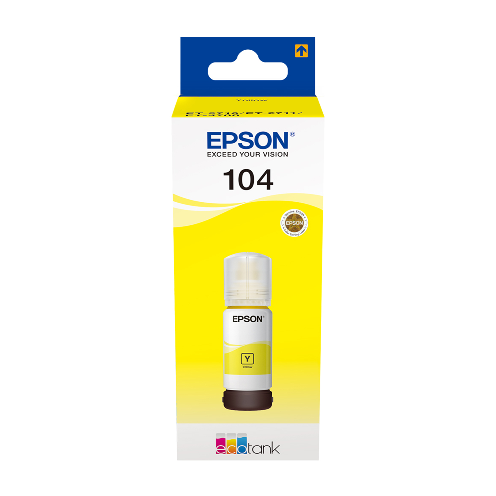 Una bottiglia e una scatola di inchiostro Epson. La scatola è gialla e blu. La bottiglia contiene inchiostro giallo. Il marchio è Epson.