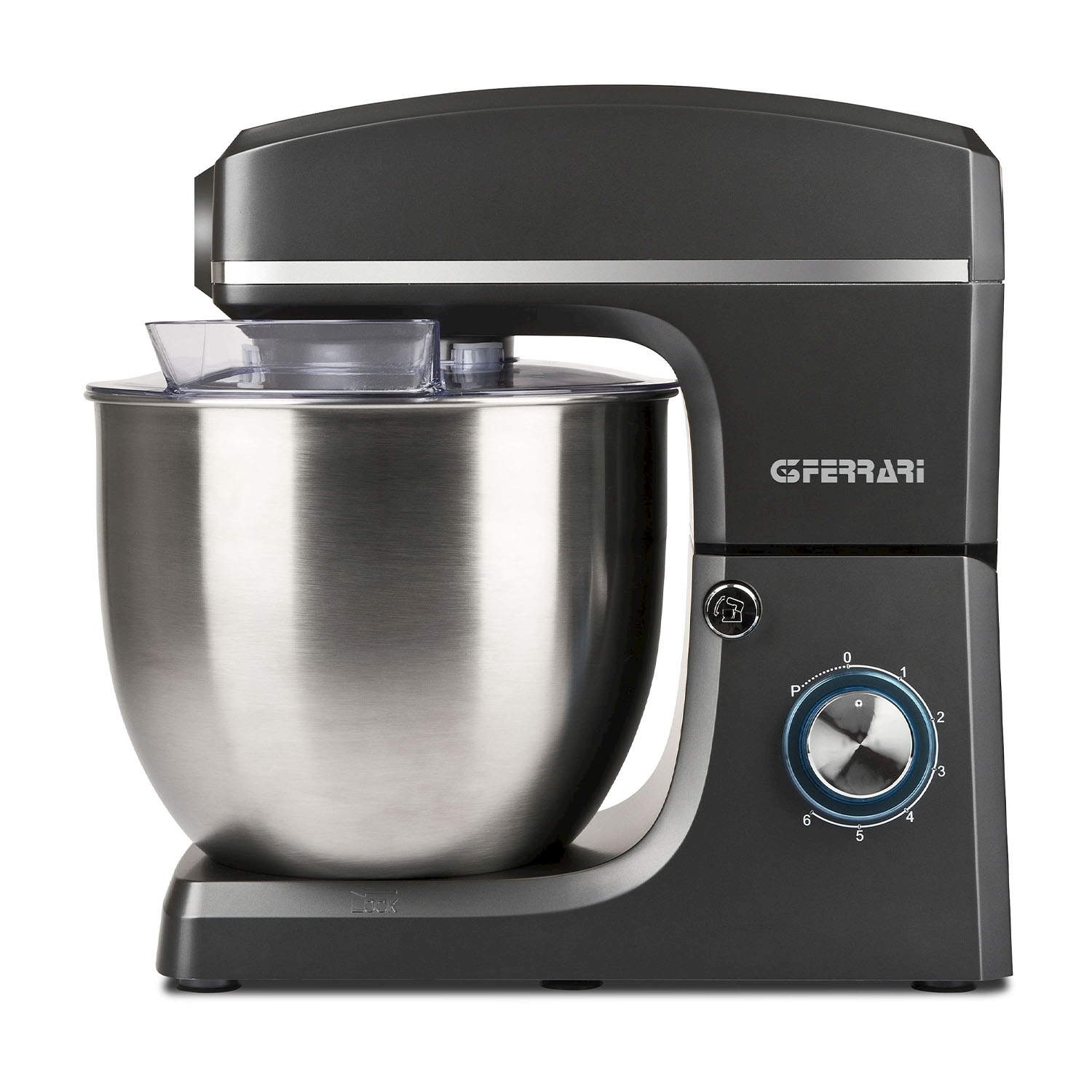 Un mixer da appoggio grigio scuro con una ciotola in acciaio inossidabile e un quadrante della velocità. Il marchio è GFERRARI.