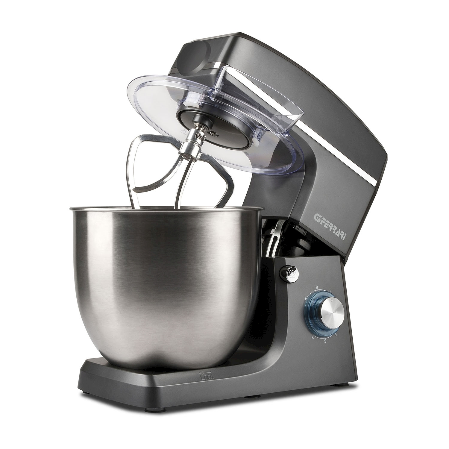 Un'impastatrice grigia con ciotola e accessori in acciaio inox, schermo trasparente e quadrante della velocità su sfondo bianco.