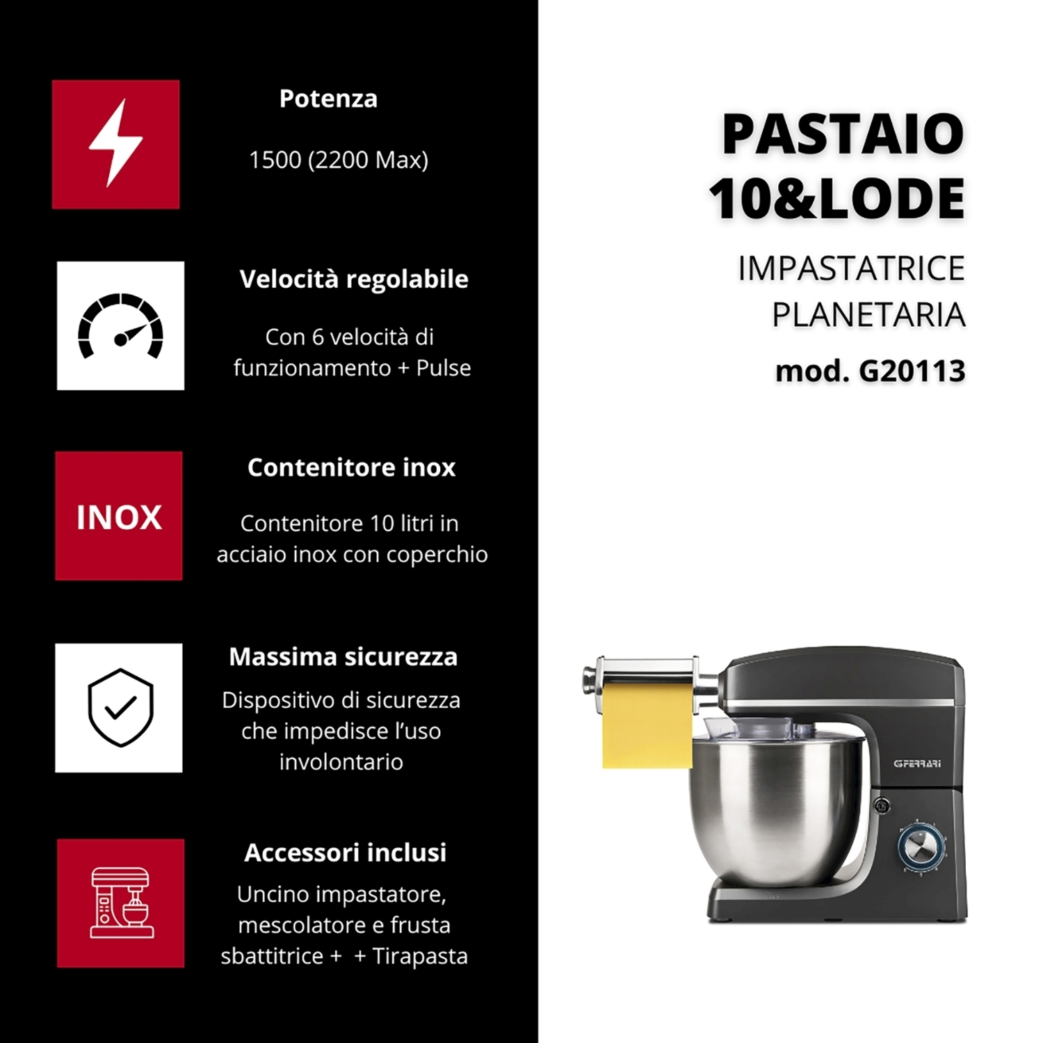 Un'impastatrice nera e argento con accessorio per pasta. Il testo include informazioni sul modello e funzionalità come potenza e velocità.
