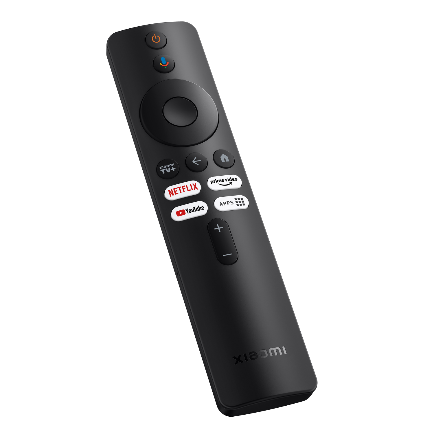 Un mando a distancia negro de Xiaomi TV. Tiene botones para encendido, control por voz, Netflix, YouTube, volumen y home. Logotipo de Xiaomi abajo.